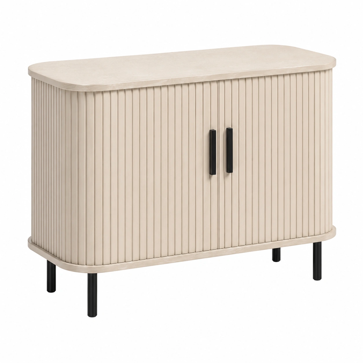 Aparador moderno curvo con puertas acanaladas y patas metalicas-SelviaLiving