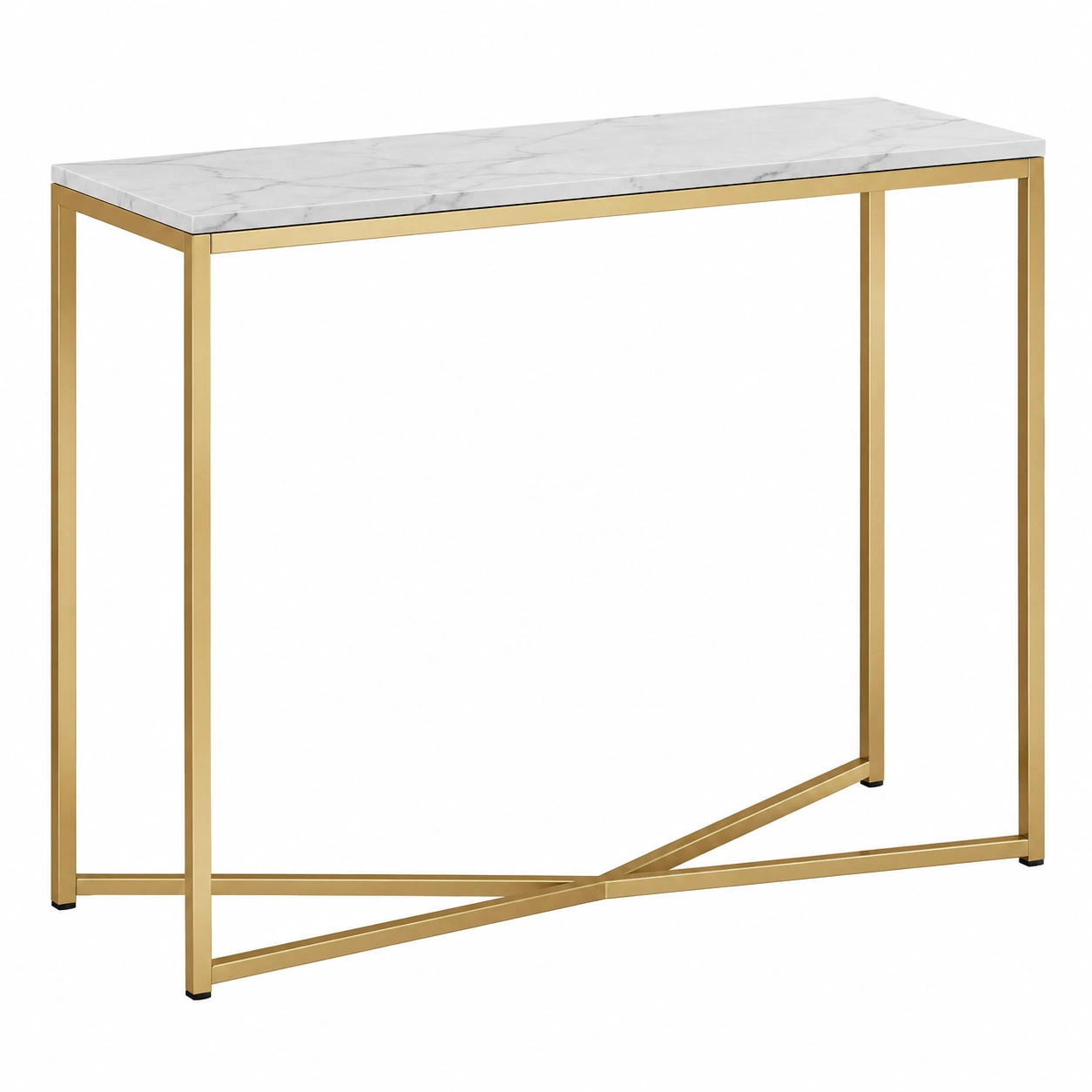 Mesa Consola Moderna Rectangular con Cubierta Efecto Marmol y Estructura Metalica Dorada-SelviaLiving