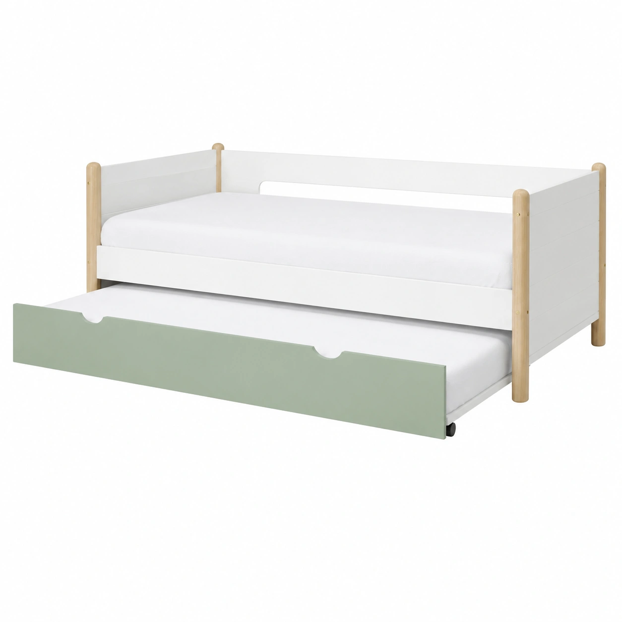 Cama Infantil Blanca con Cama Nido Verde y Patas de Madera Natural-SelviaLiving