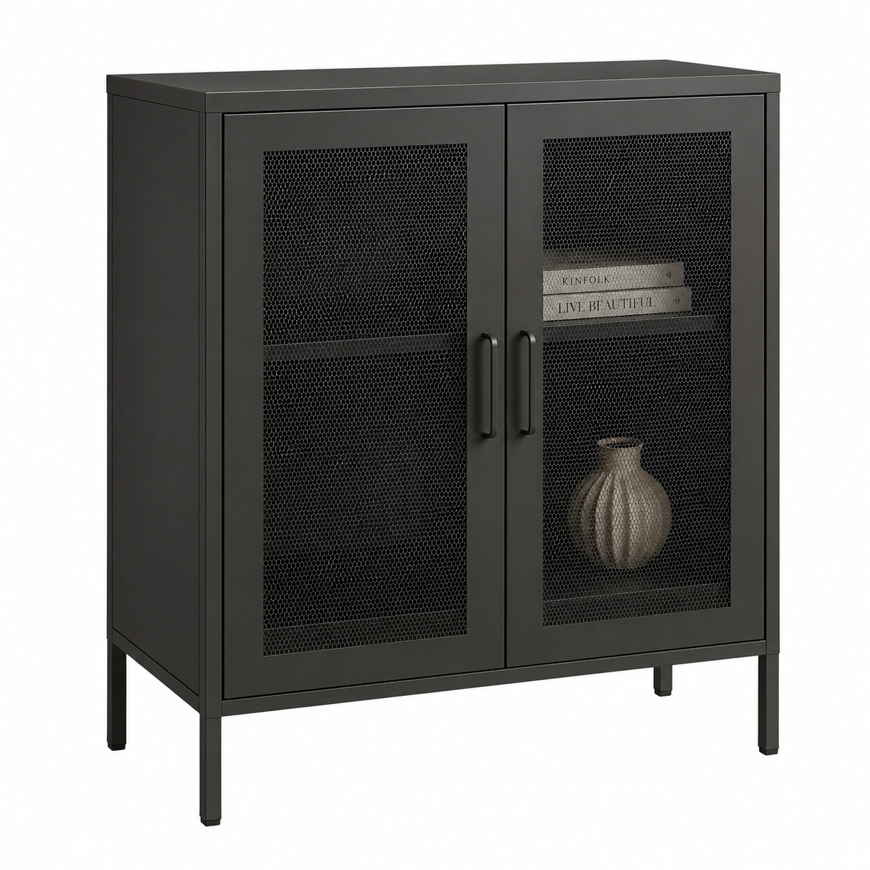 Armario metalico industrial con puertas de malla y estantes interiores-SelviaHome