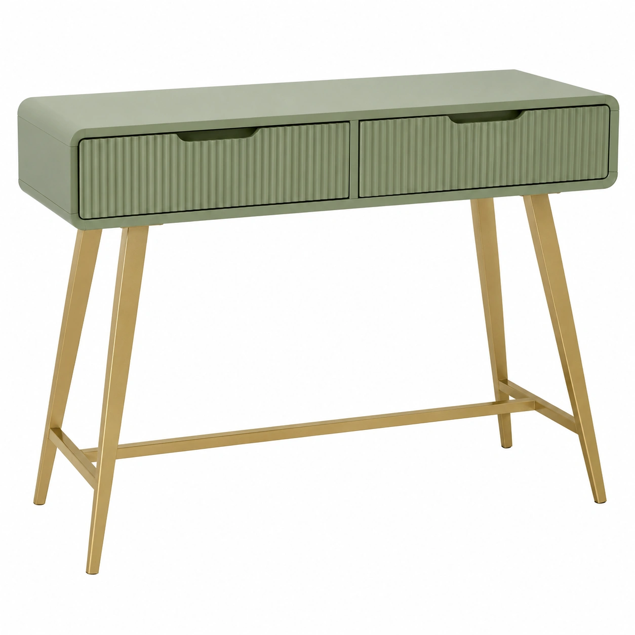 Mesa Consola Moderna con 2 Cajones Verde Oliva y Base Dorada-SelviaHome