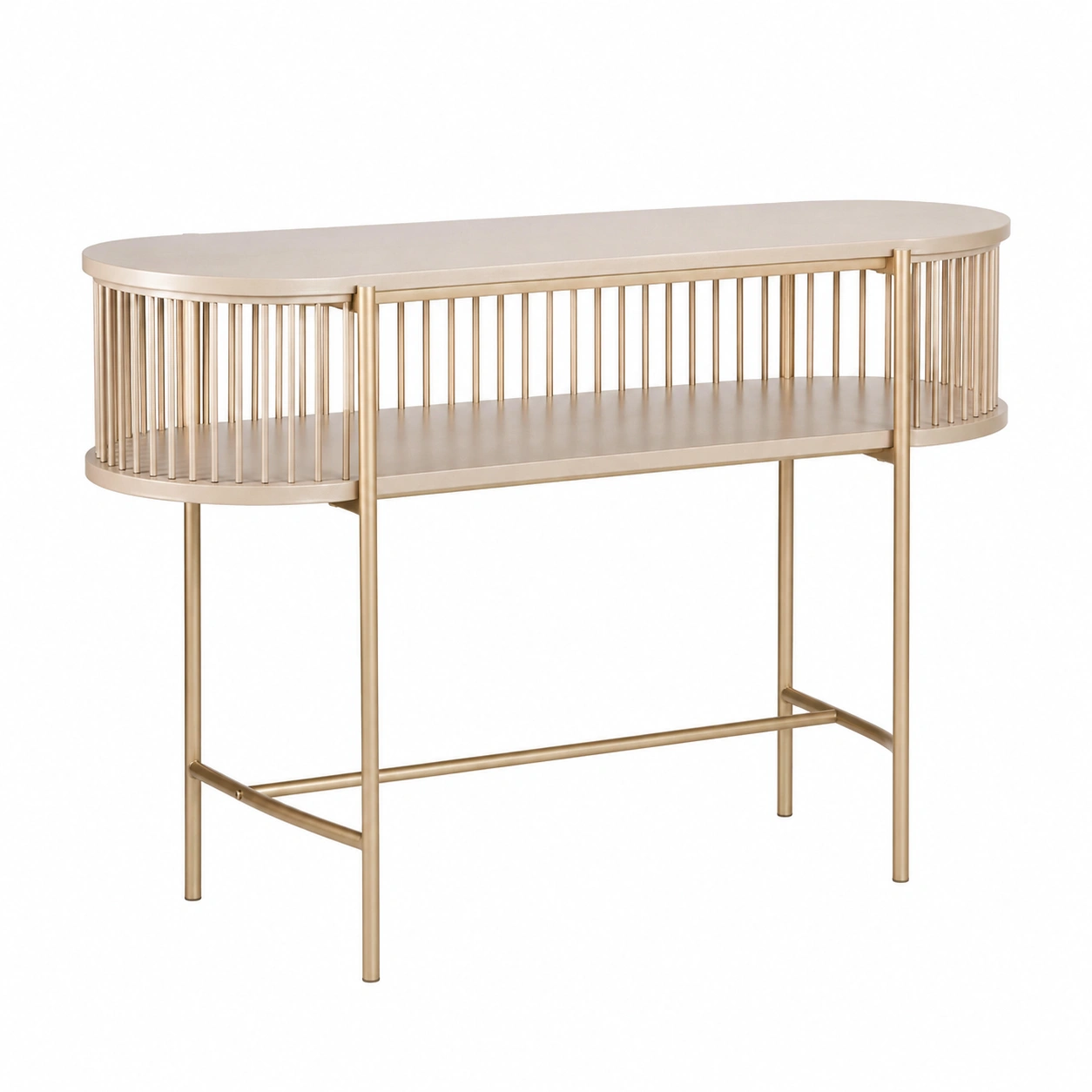 Mesa Consola Moderna Ovalada Dorada con Estante Inferior Metalico-SelviaHome