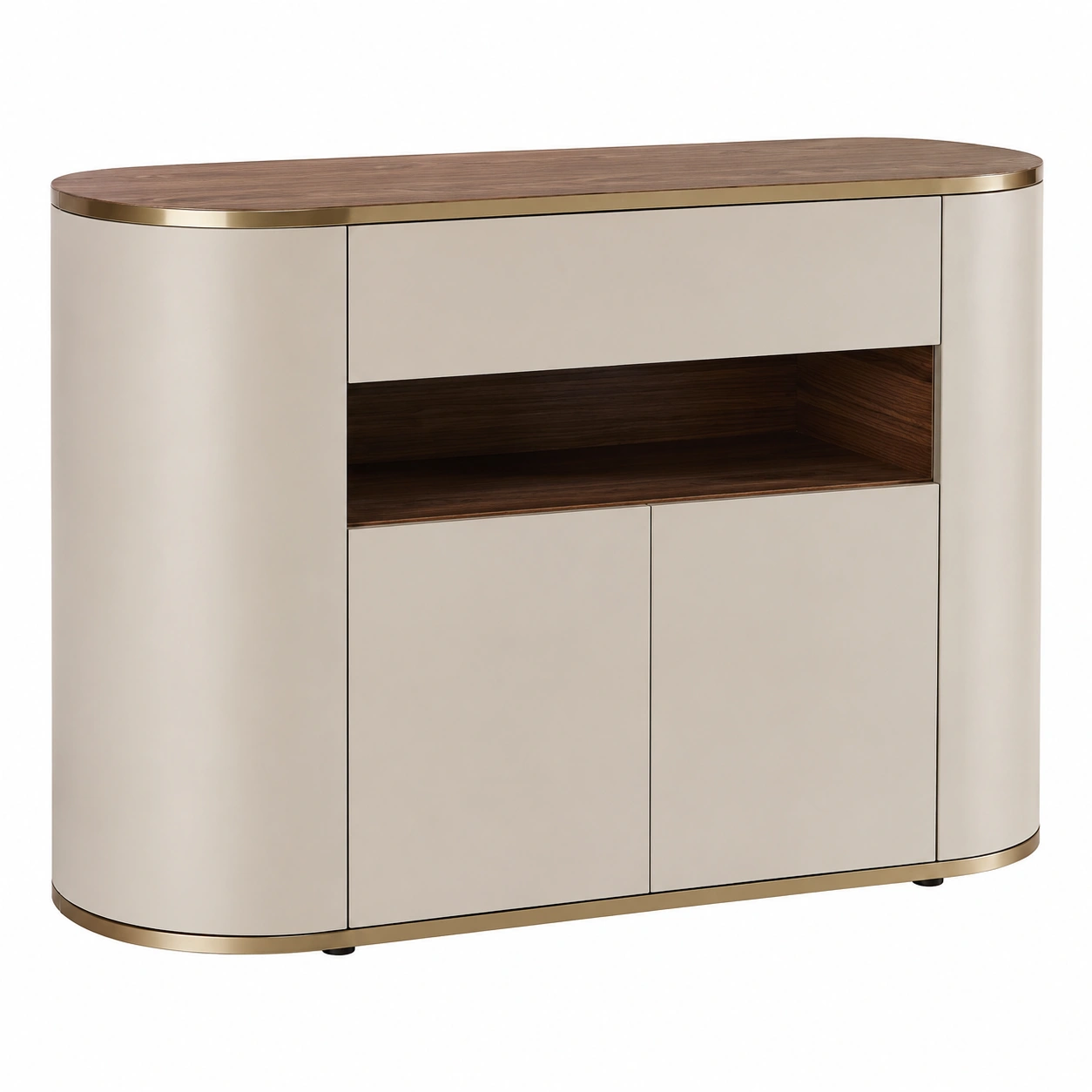 Aparador moderno beige con puertas curvas y estante abierto acabado madera-SelviaHome