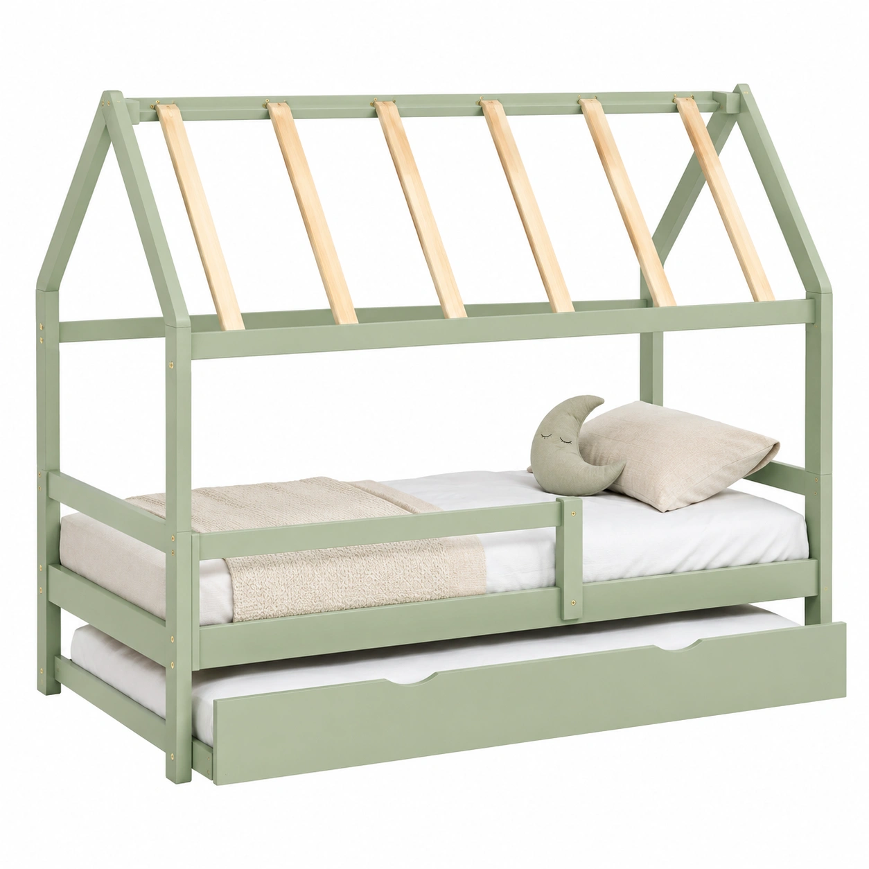 Casa Cama Infantil Verde Salvia con Cama Nido y Techo de Madera Maciza-SelviaHome
