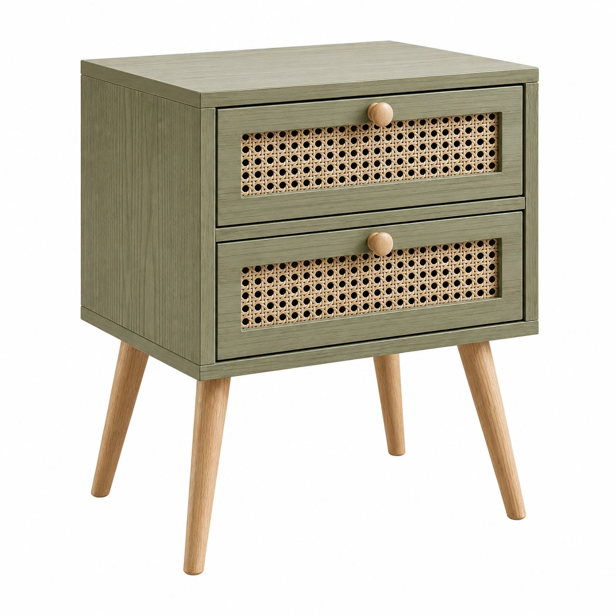 Mesita de noche nordica con 2 cajones y panel de rejilla verde oliva-SelviaHome