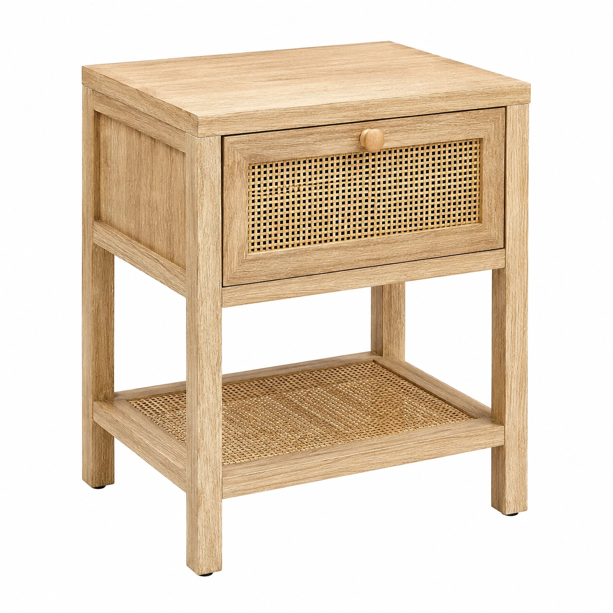 Mesita de noche nordica con cajon y estante de rejilla madera natural-SelviaHome