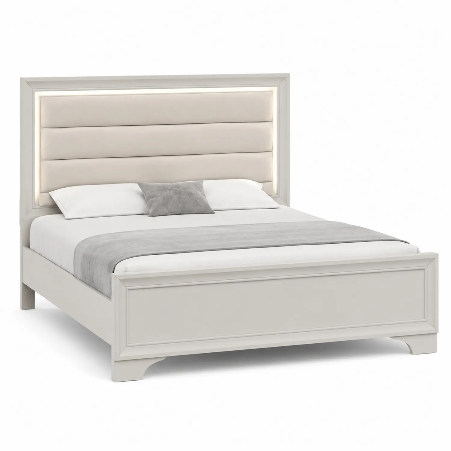 Letto Matrimoniale in Legno e Tessuto con Testiera Imbottita