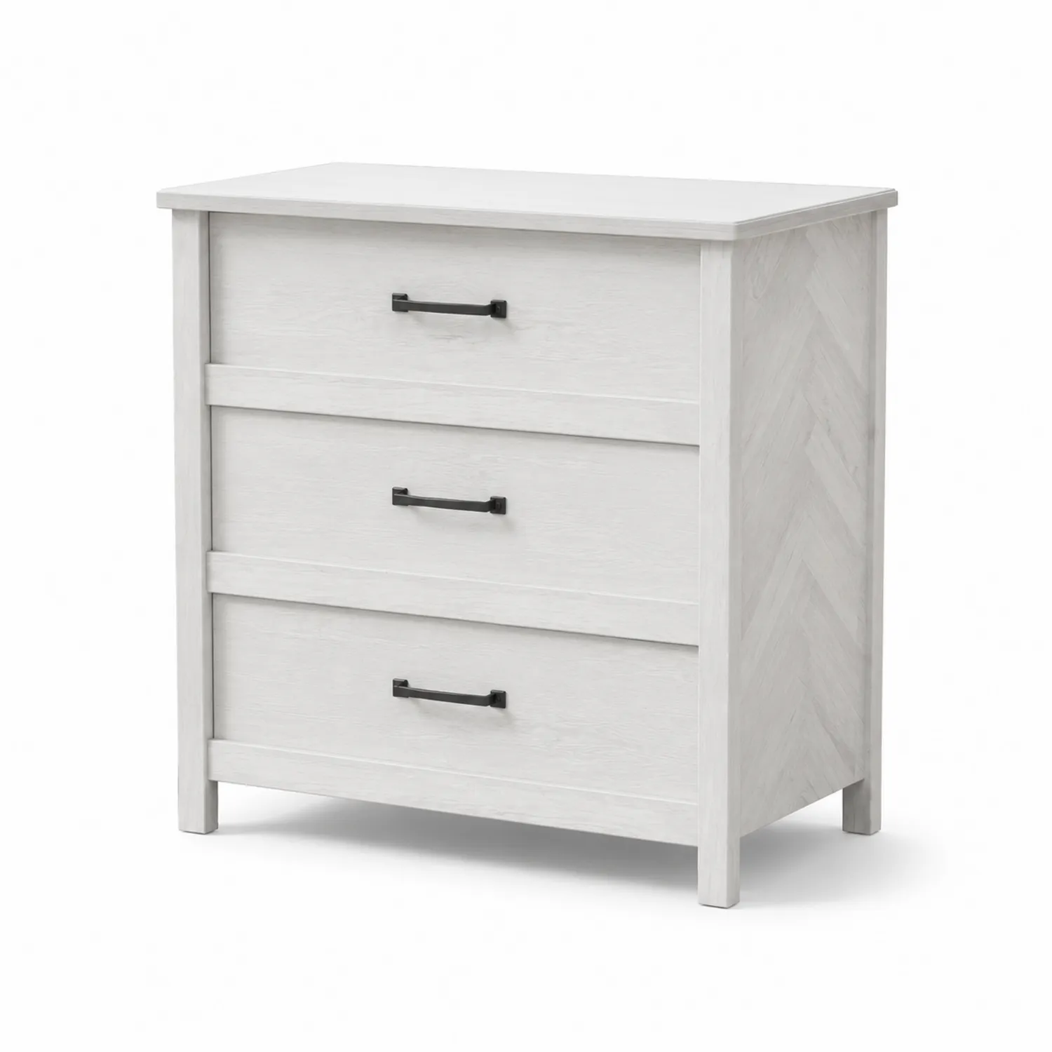 Cassettiera in legno bianco con tre cassetti e maniglie nere