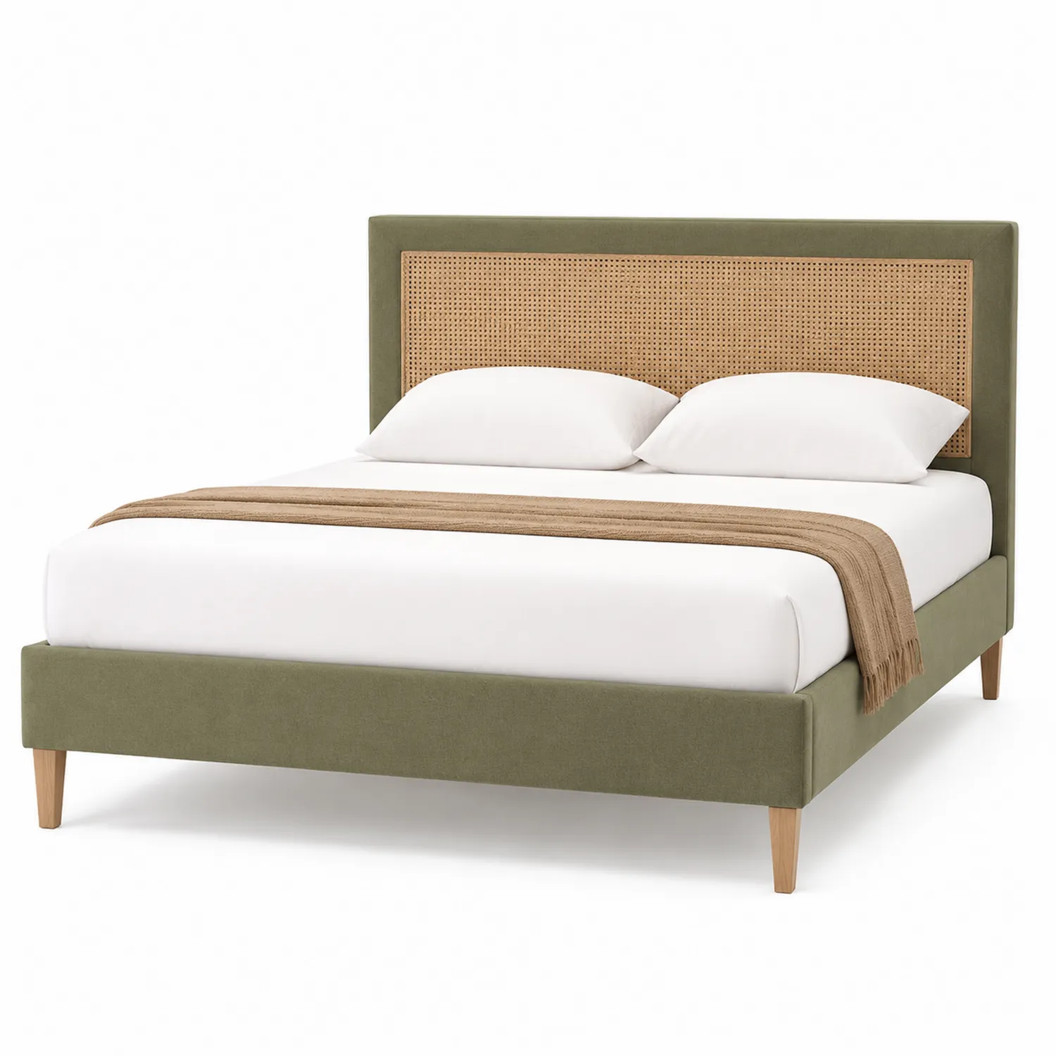 Letto matrimoniale in tessuto con testiera in rattan