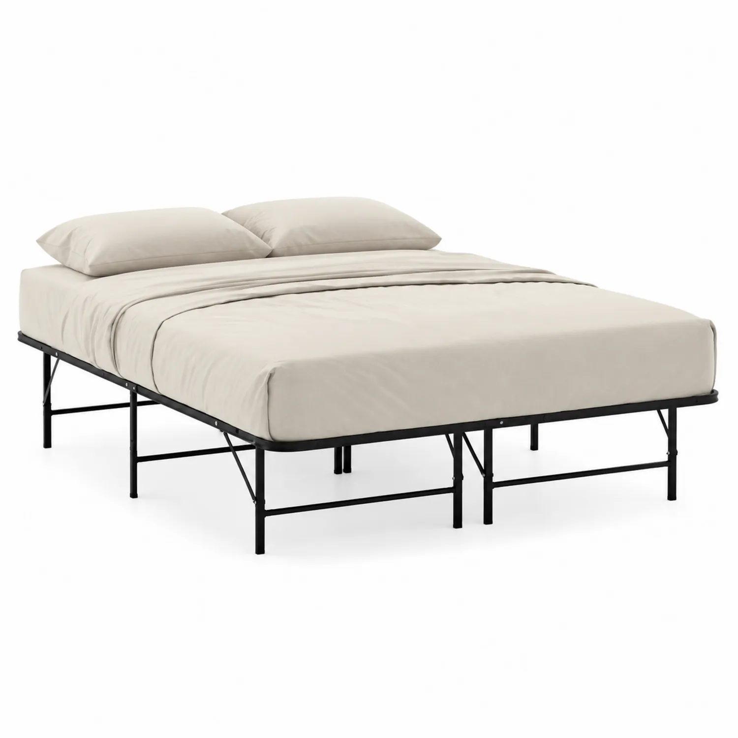 Letto matrimoniale in metallo pieghevole con biancheria beige
