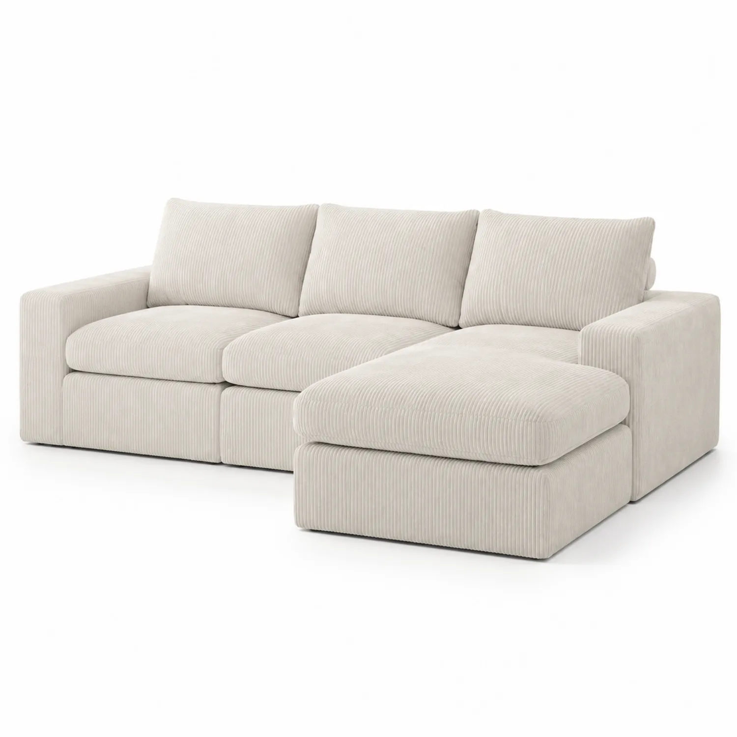 Divano modulare in velluto a coste beige con chaise longue