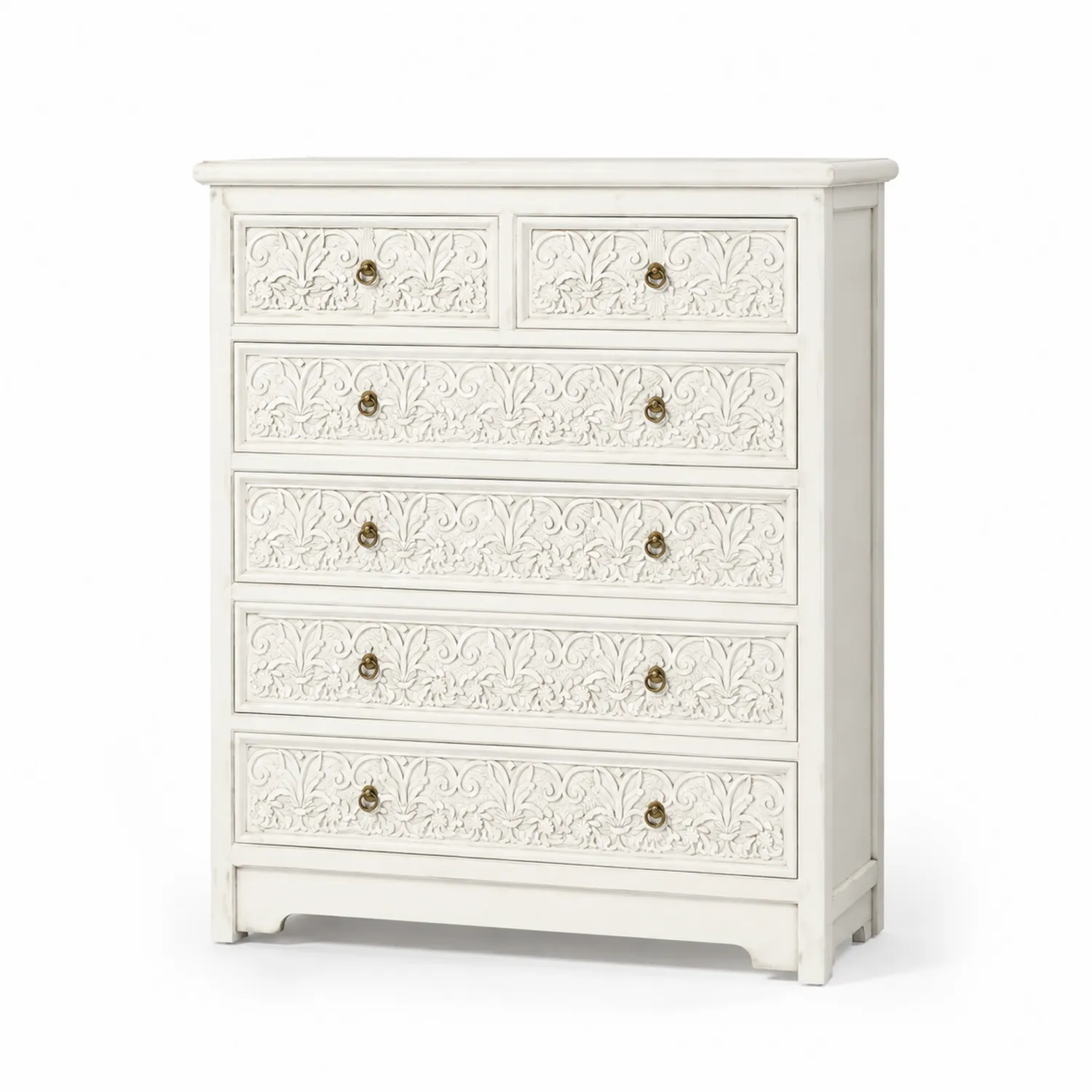 Cassettiera in legno massello intagliato bianco a 6 cassetti