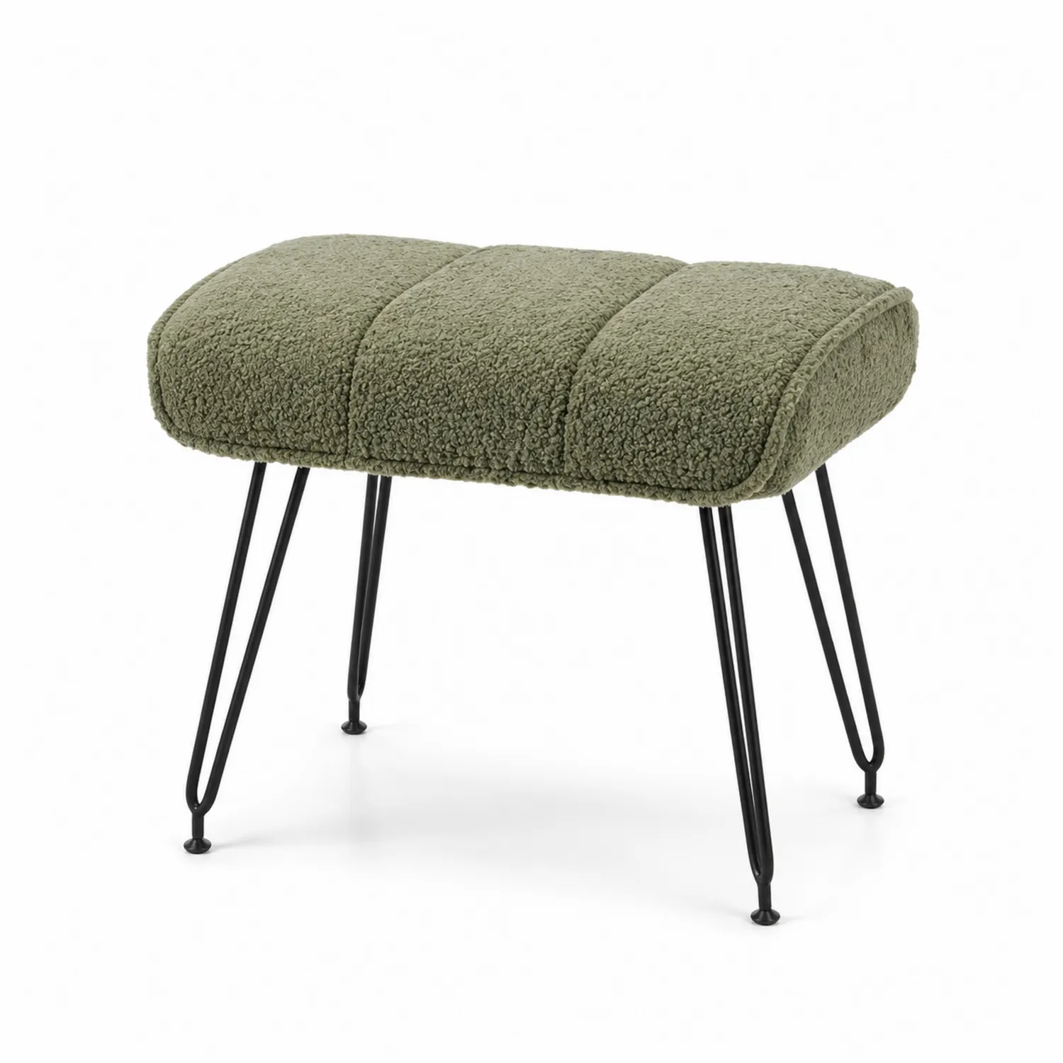 Sgabello in tessuto bouclé verde oliva con gambe a forcina in metallo nero
