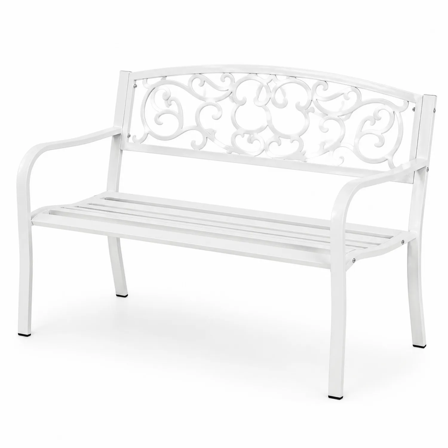 Panca da giardino in metallo bianco con motivo decorativo