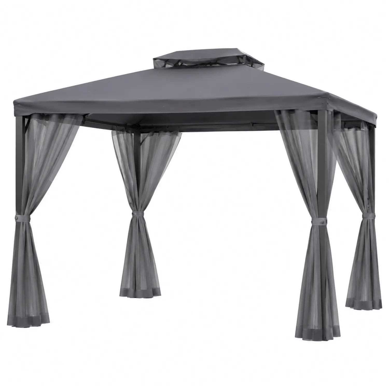 Gazebo da Giardino in Acciaio con Tetto e Tende in Poliestere Grigio 3x3m