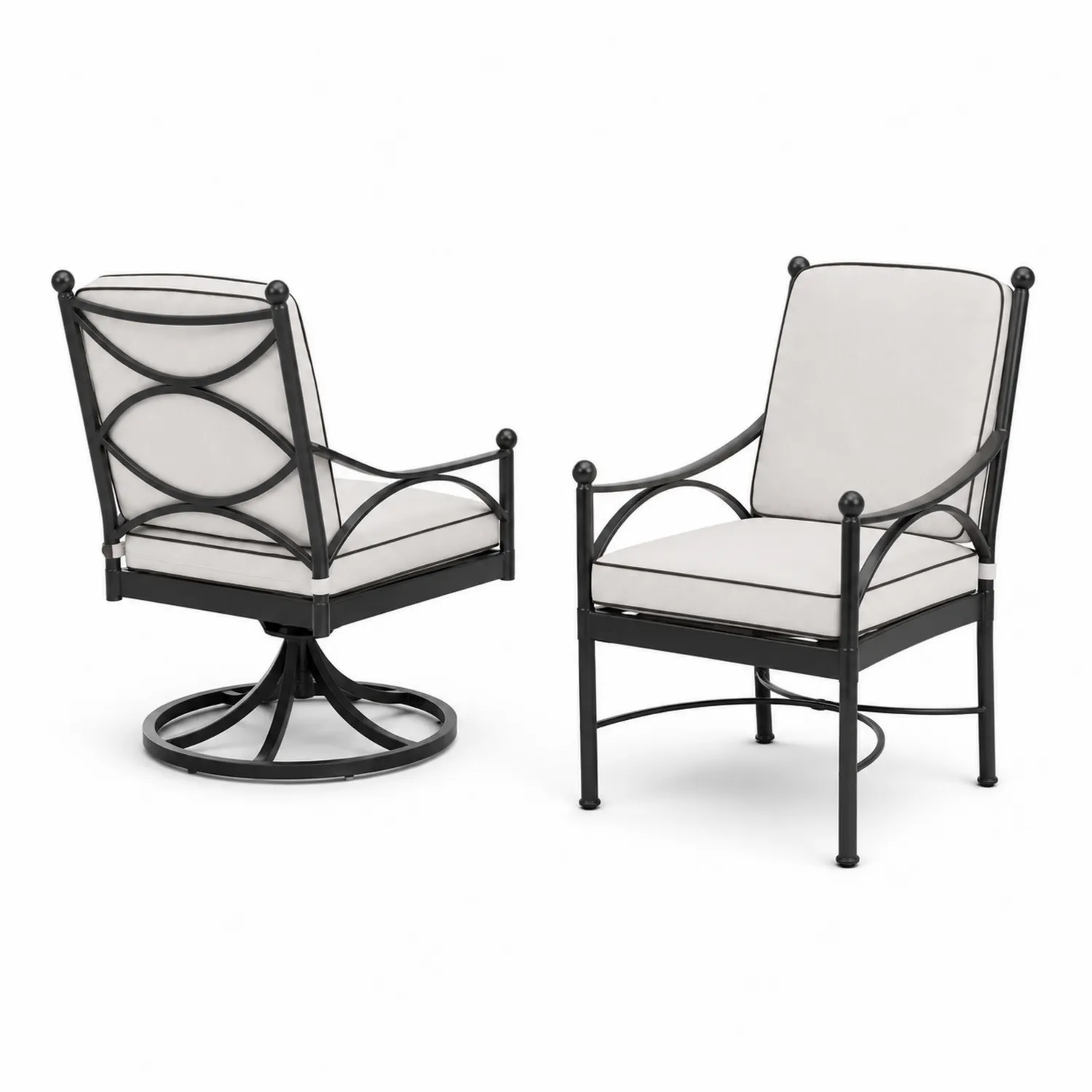 Set di sedie da esterno in metallo con cuscini bianchi
