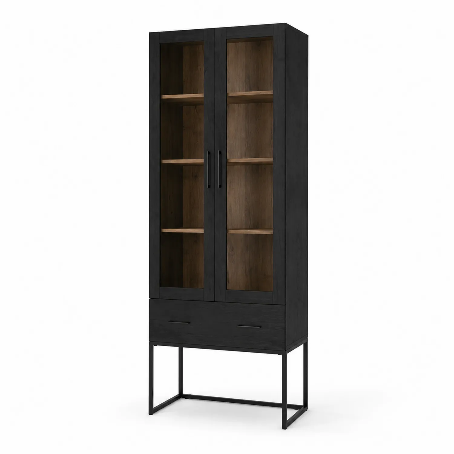 Libreria in Legno e Metallo con Ante in Vetro Temperato, Nero