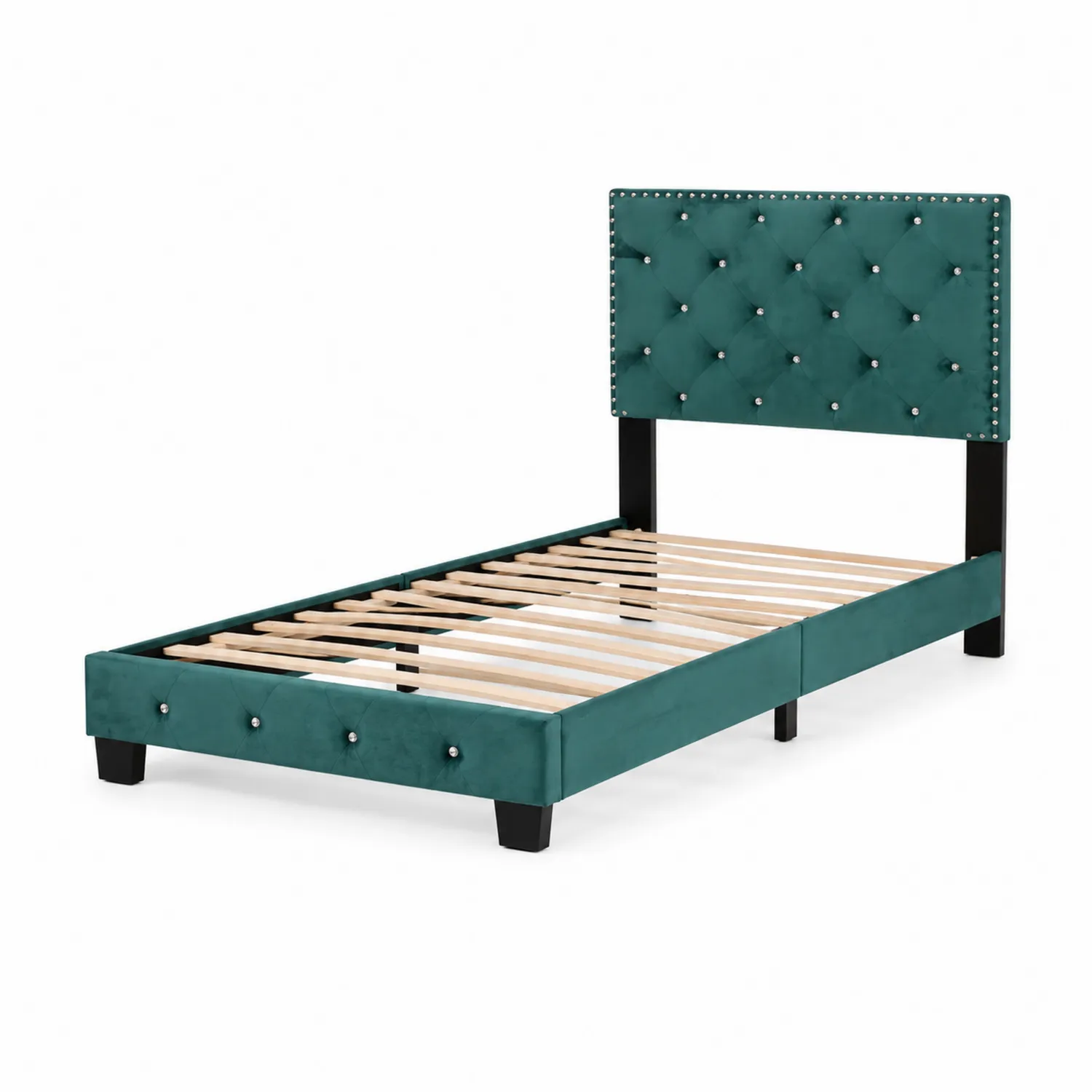 Letto Singolo in Velluto Verde con Struttura in Legno