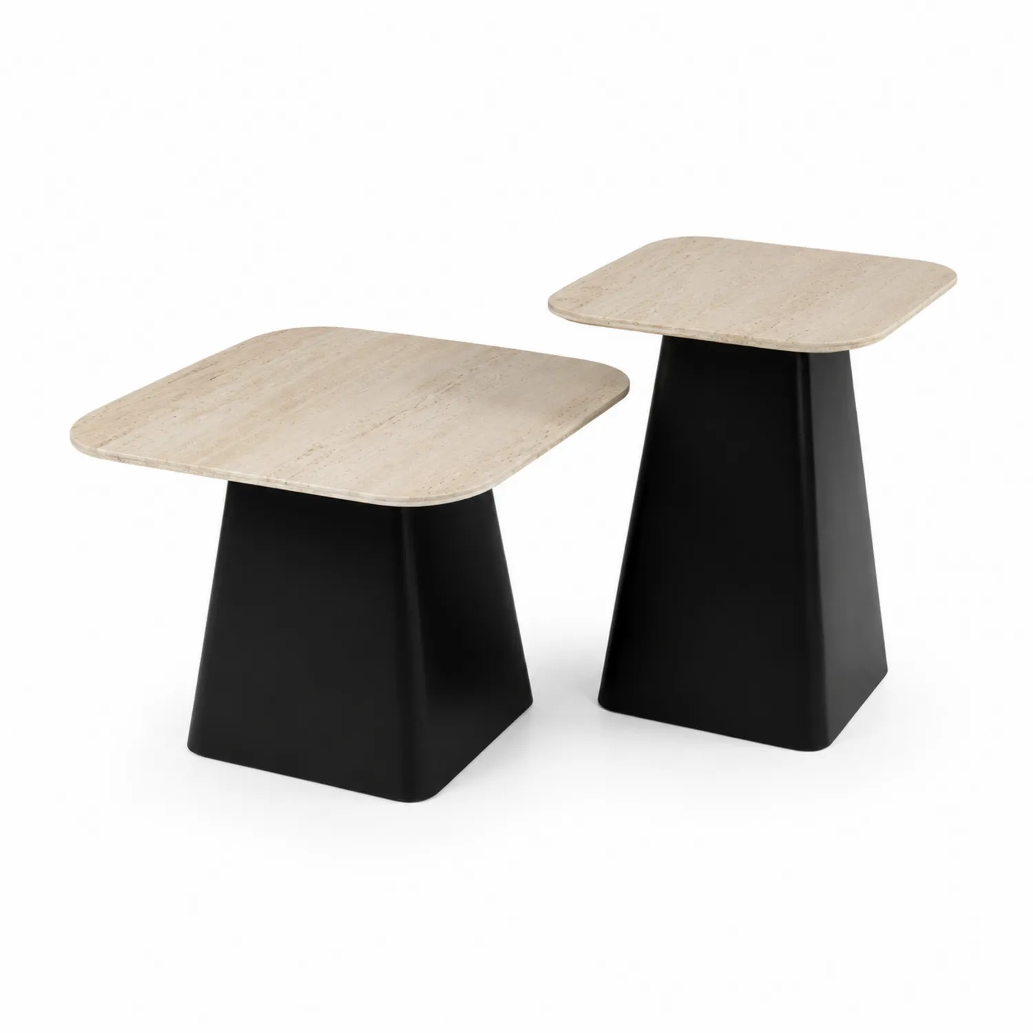 Set di Tavolini Quadrati in Travertino e Metallo Nero