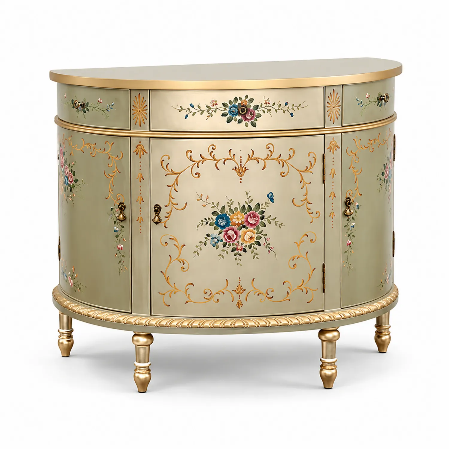 Credenza Semicircolare in Legno con Decori Floreali