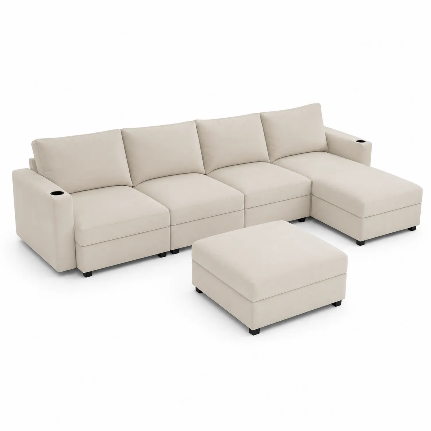 Divano modulare angolare in tessuto con pouf e porta bicchieri