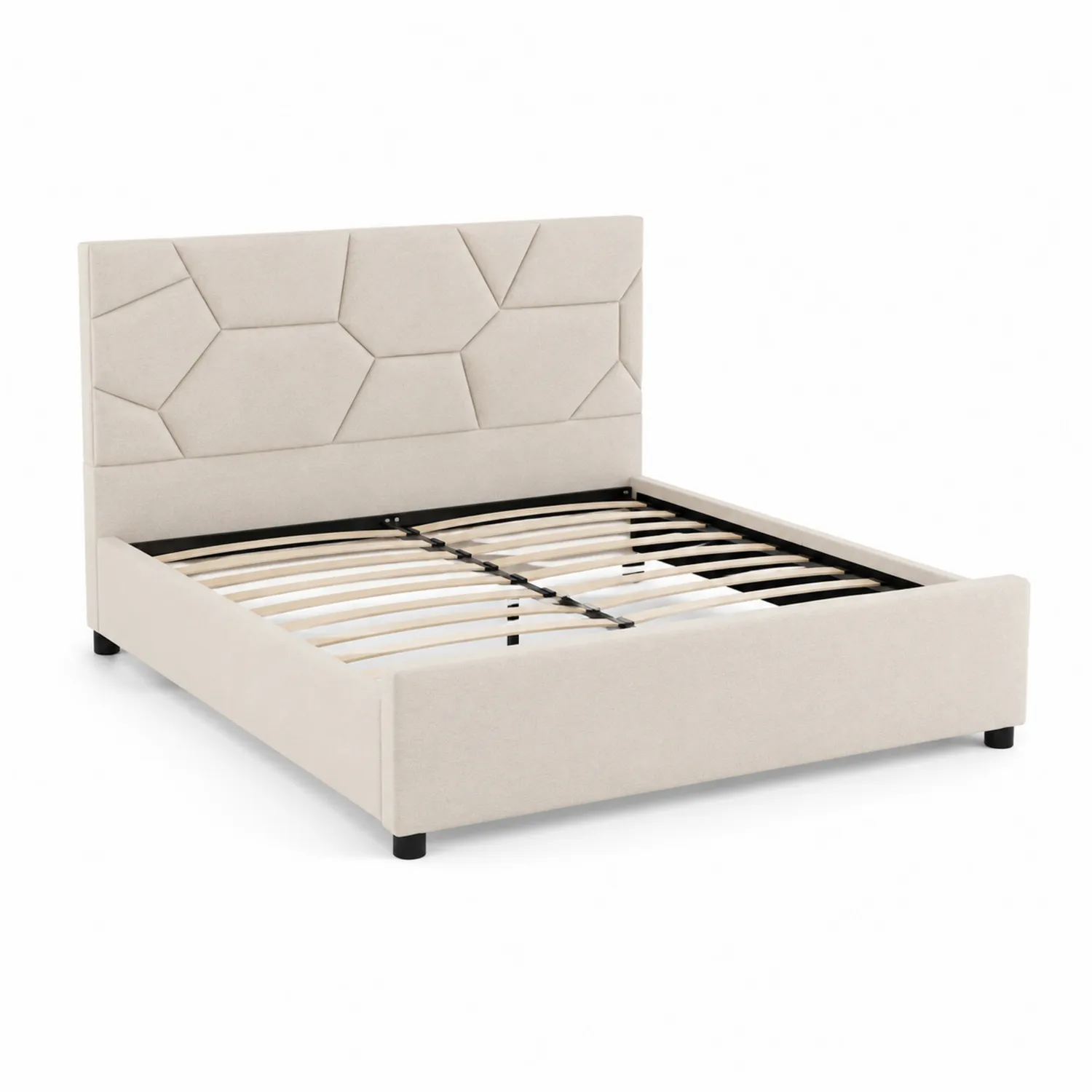 Letto matrimoniale in legno con rivestimento in tessuto poliestere crema 200x160 cm