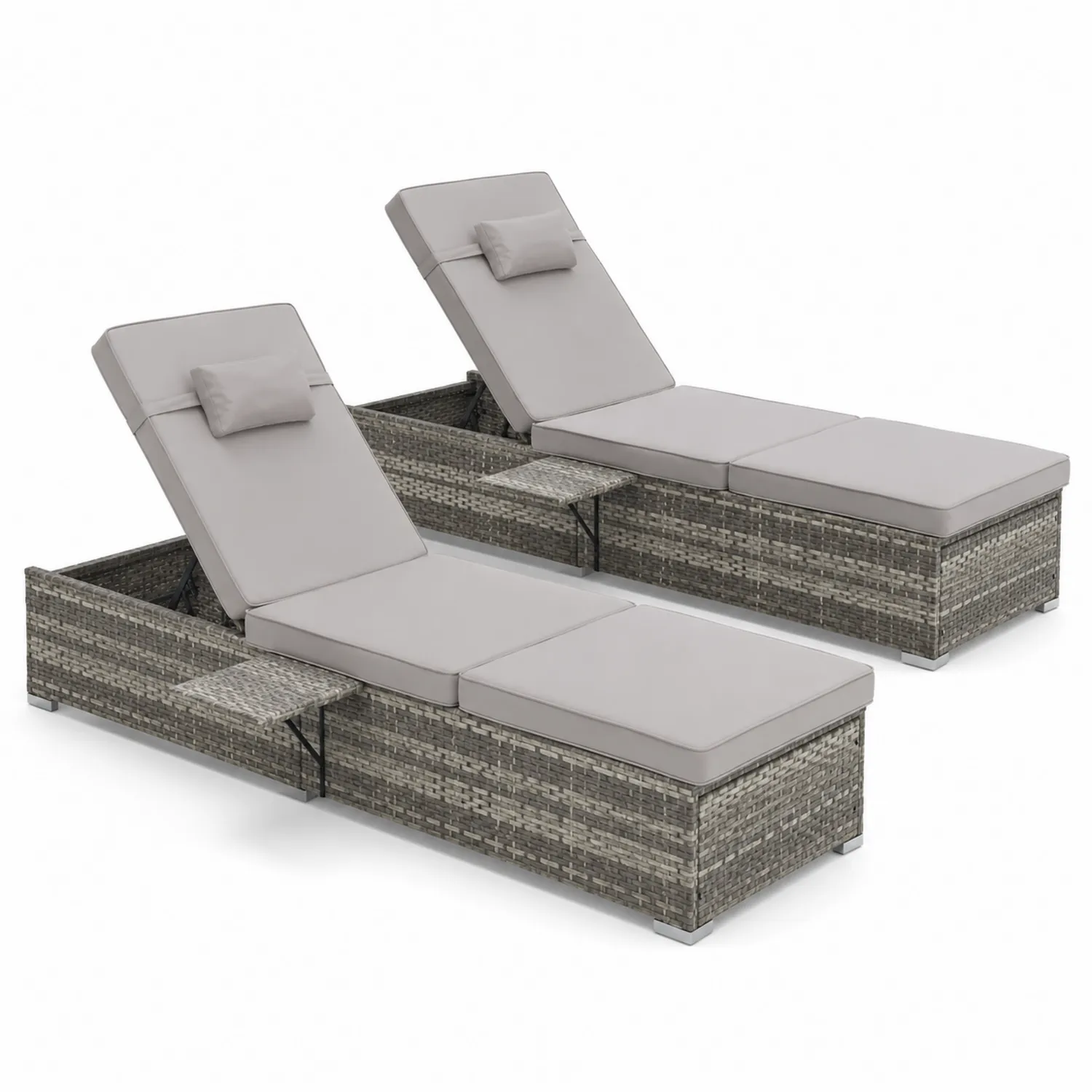 Set di 2 Lettini Prendisole in Rattan con Cuscini Grigi
