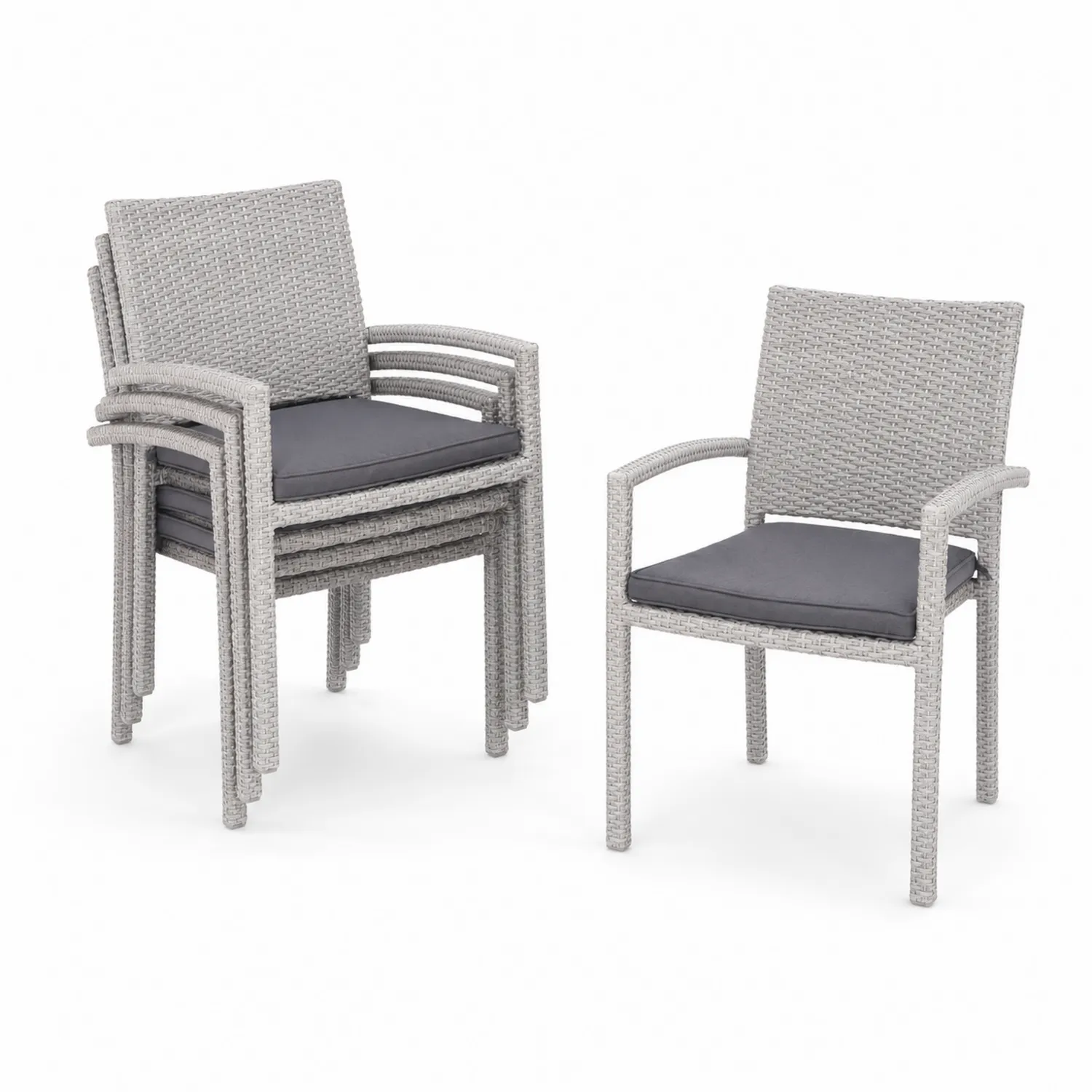 Set di 4 Sedie in Rattan Sintetico con Cuscini Grigi