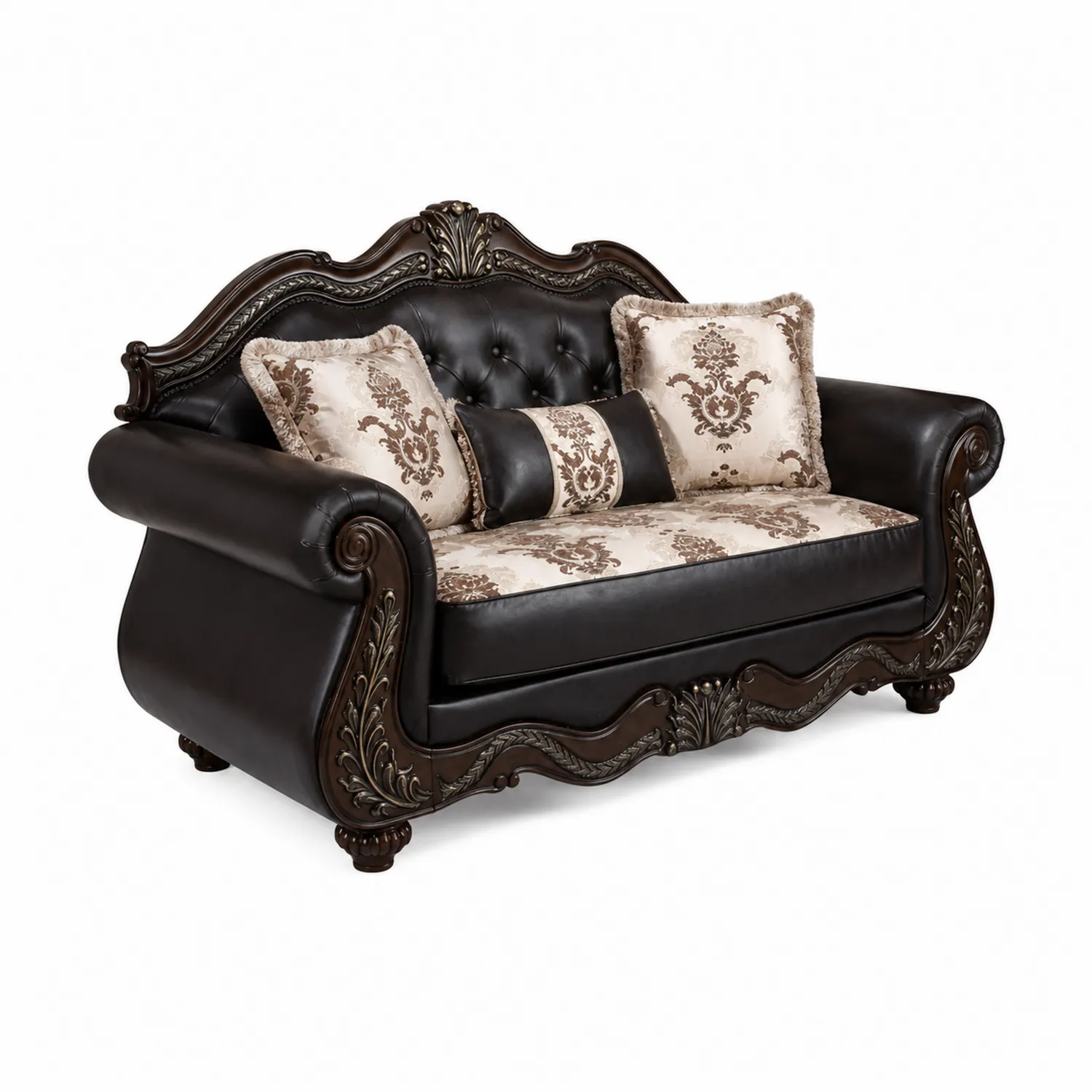 Divano in Legno e Similpelle con Cuscini Decorativi