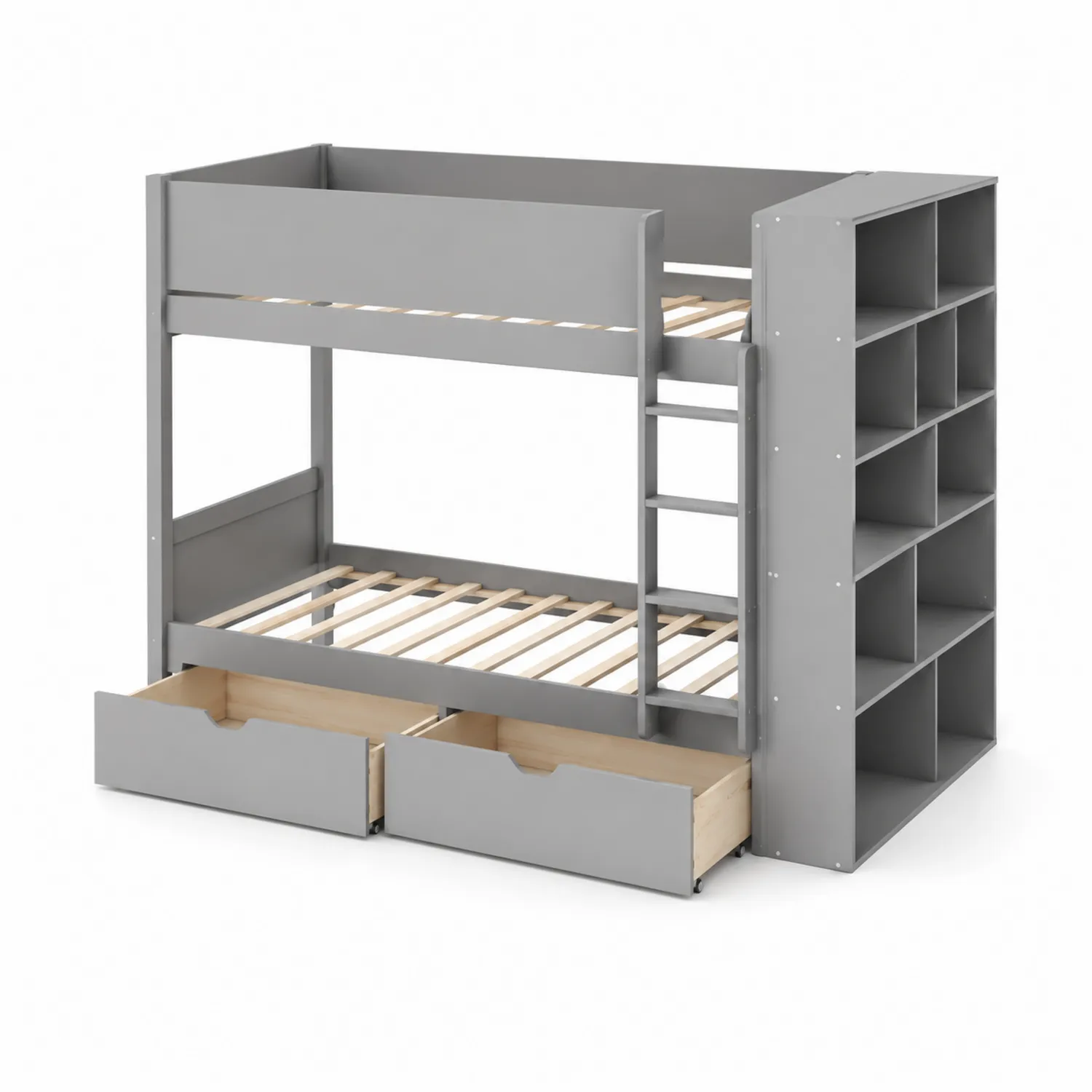 Letto a castello in legno con scaffali e cassetti grigio
