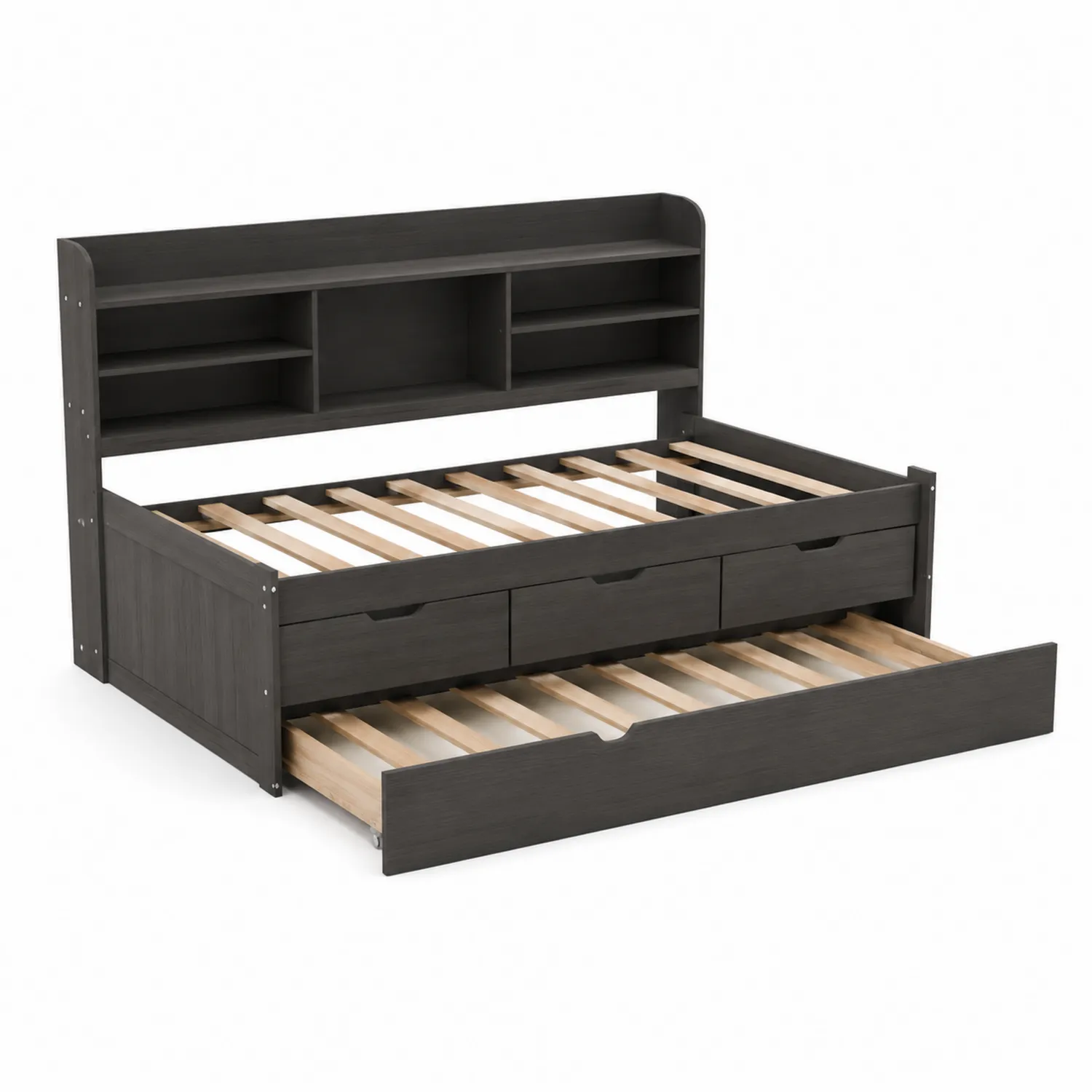 Letto in legno con libreria e cassetti grigio scuro