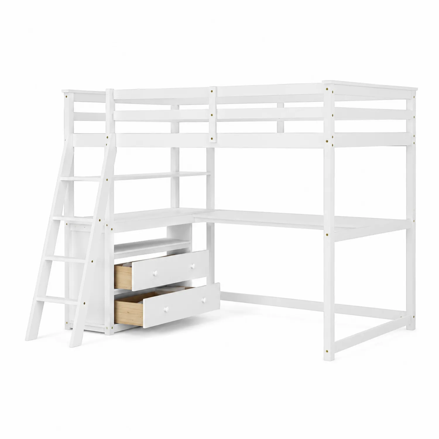 Letto a soppalco in legno con scrivania e cassetti bianco