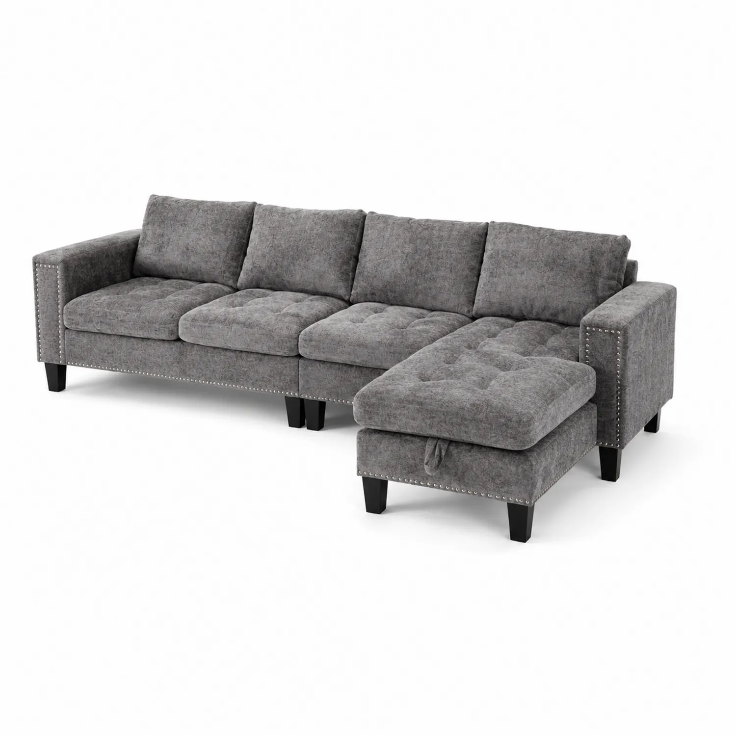 Divano angolare in tessuto grigio con chaise longue