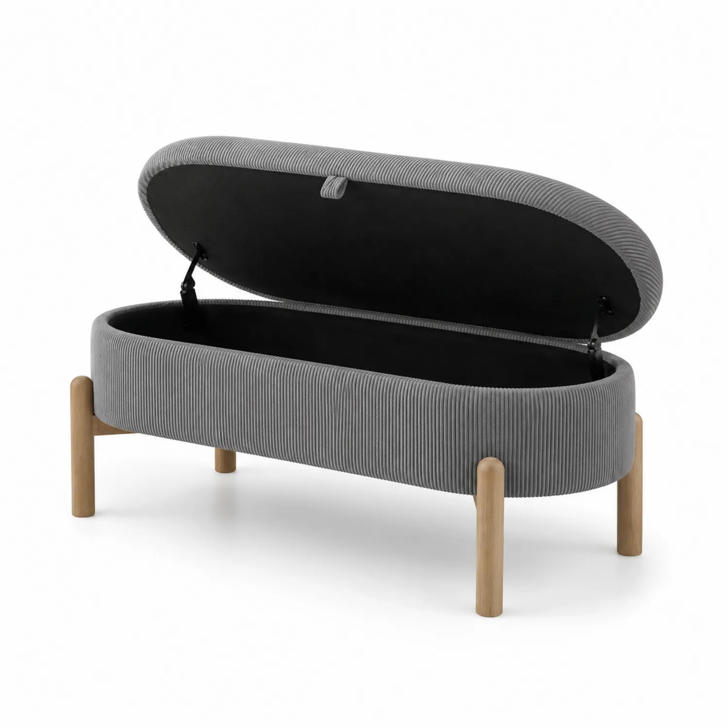 Panca contenitore in tessuto a coste grigio con gambe in legno