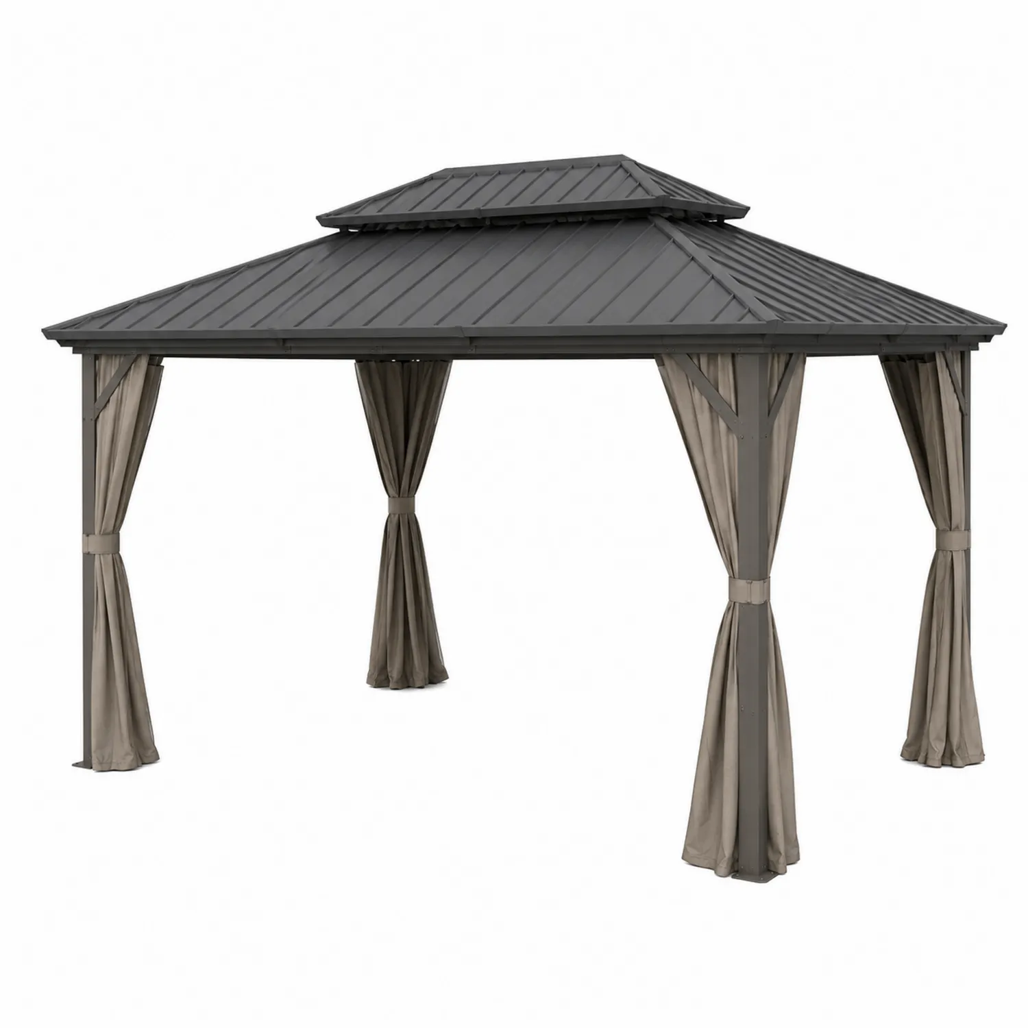 Gazebo da Giardino in Metallo con Tende in Poliestere Grigio