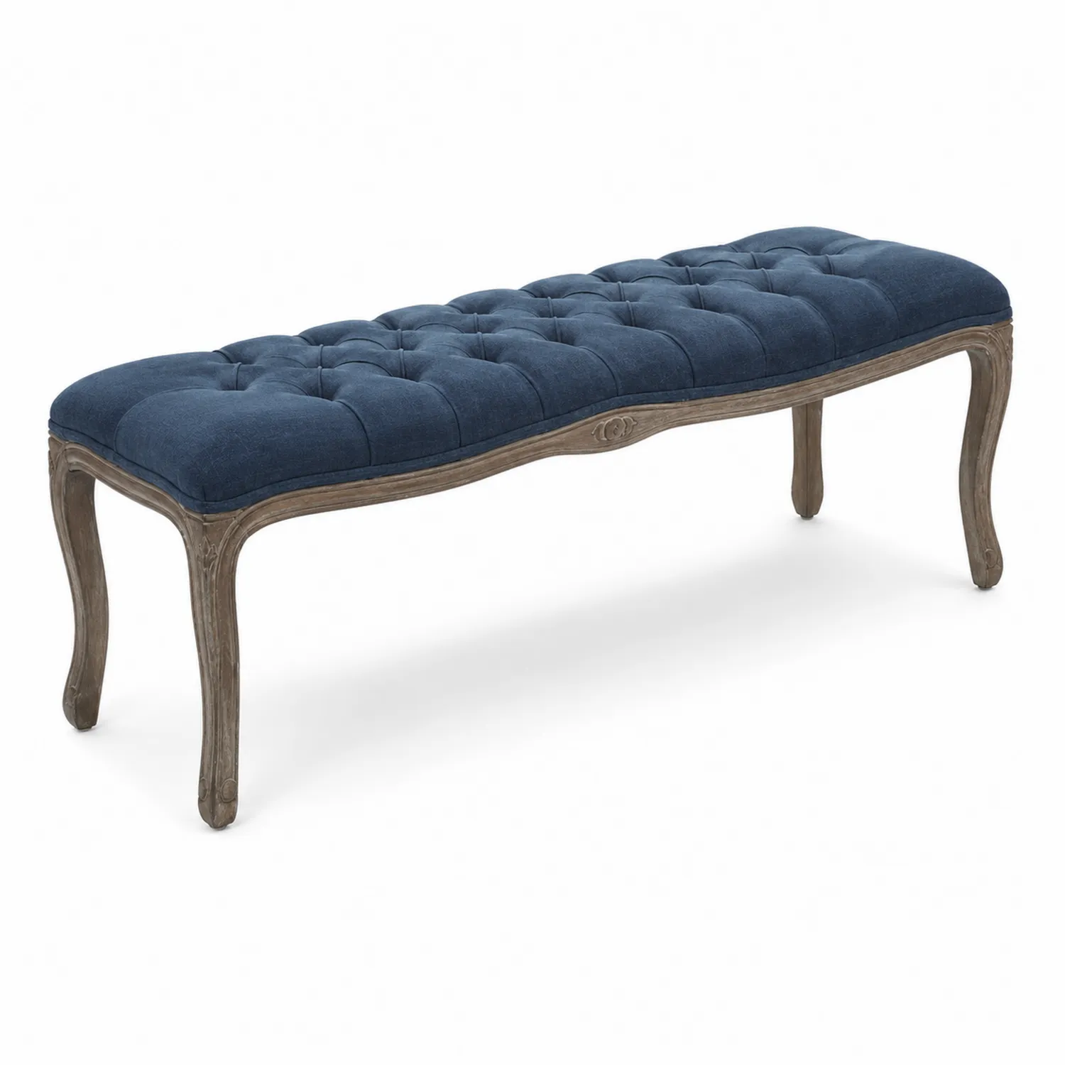 Panca imbottita 120 cm lino Blu gambe legno di quercia