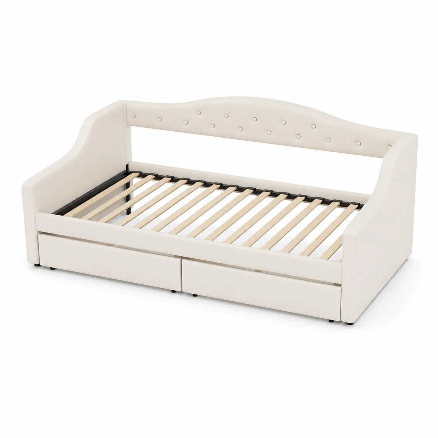 Struttura Letto in Legno Compensato ed Ecopelle Crema con Cassetti