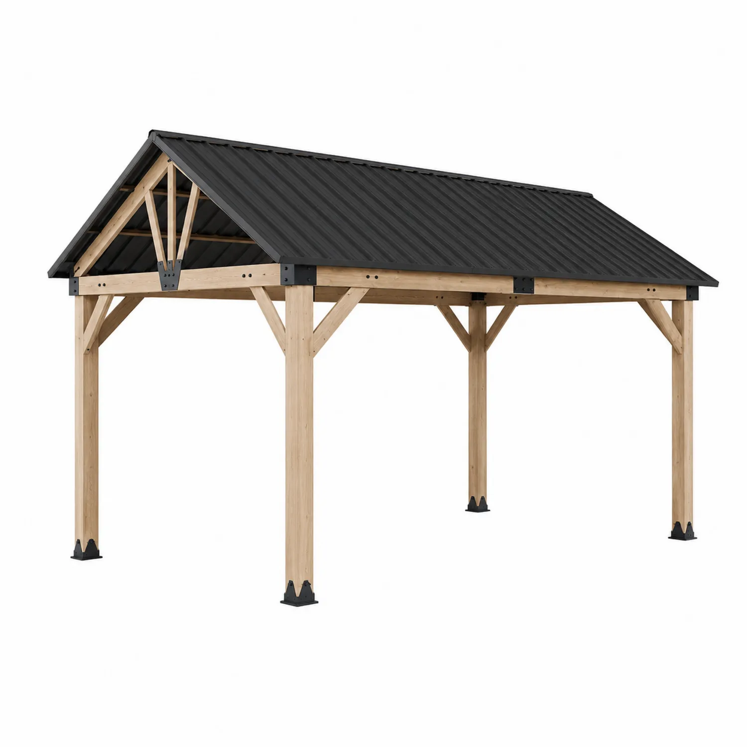 Gazebo in Legno con Tetto in Metallo Nero