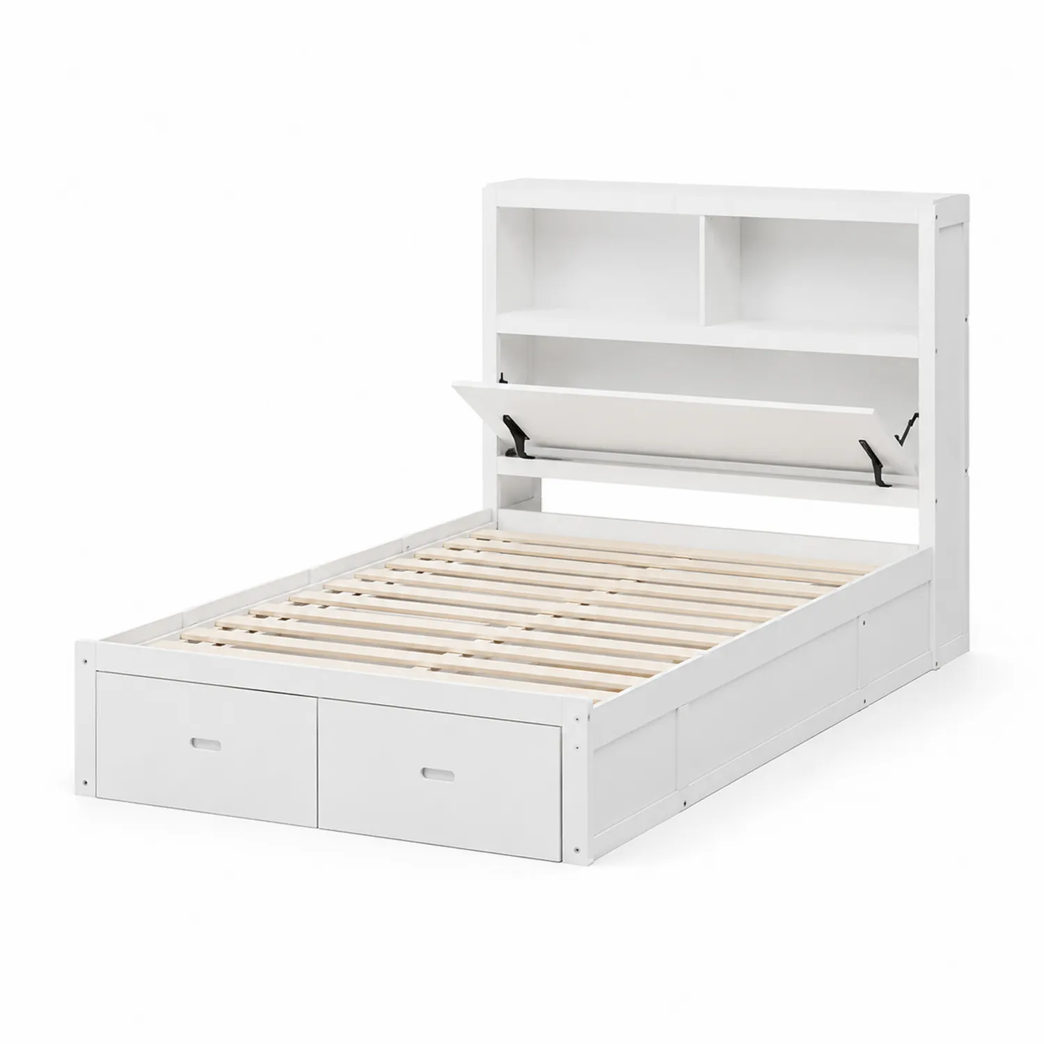 Letto contenitore in legno con cassetti e scaffale 200x160 cm Bianco