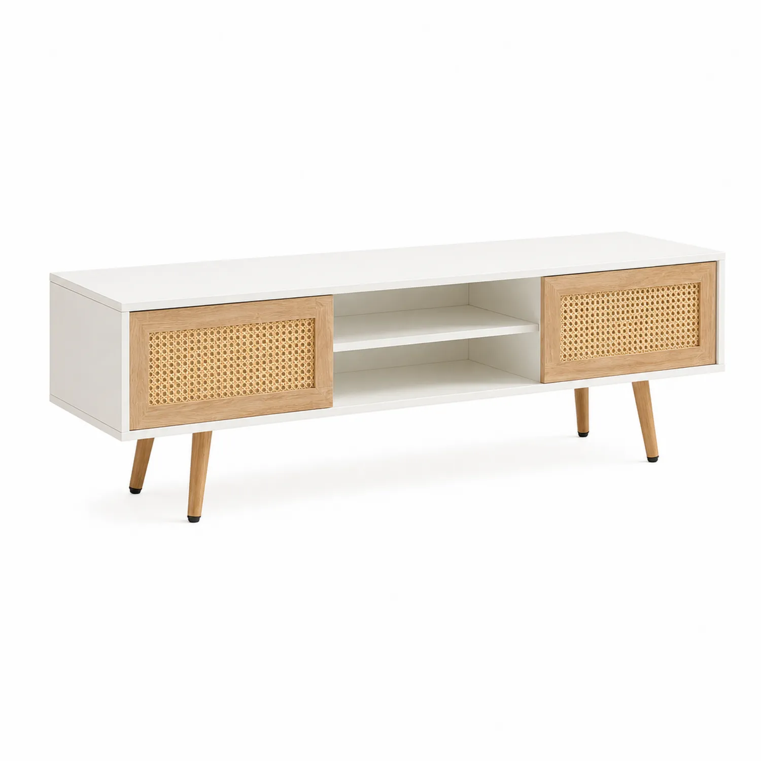 Mobile TV in Legno con Ante in Rattan Bianco