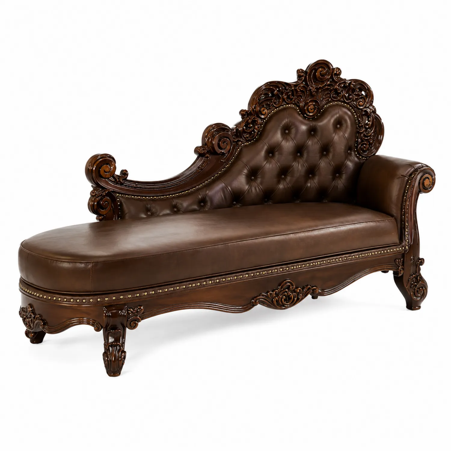 Chaise Longue in Pelle PU e Legno Intagliato Marrone
