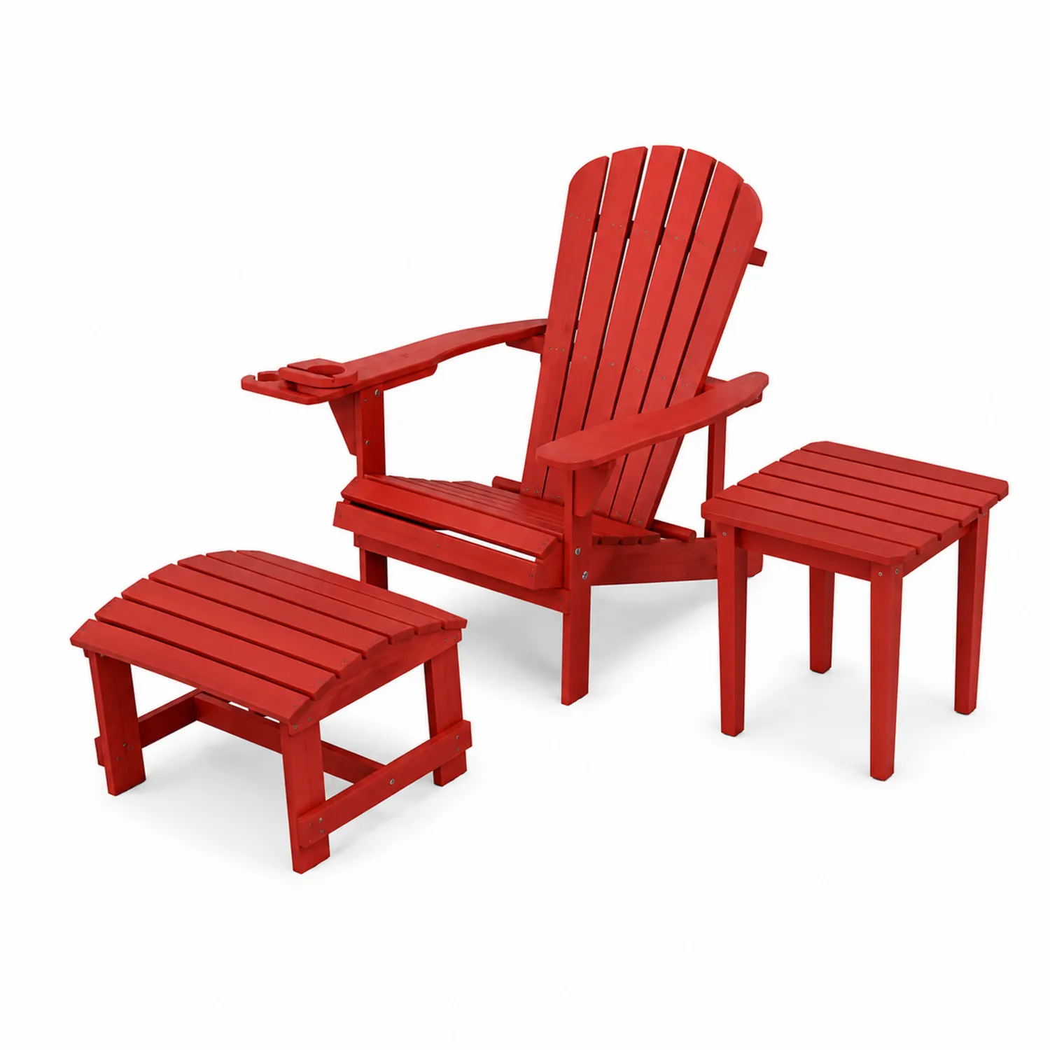 Set di Mobili in Legno Rosso con Sedia, Tavolino e Poggiapiedi