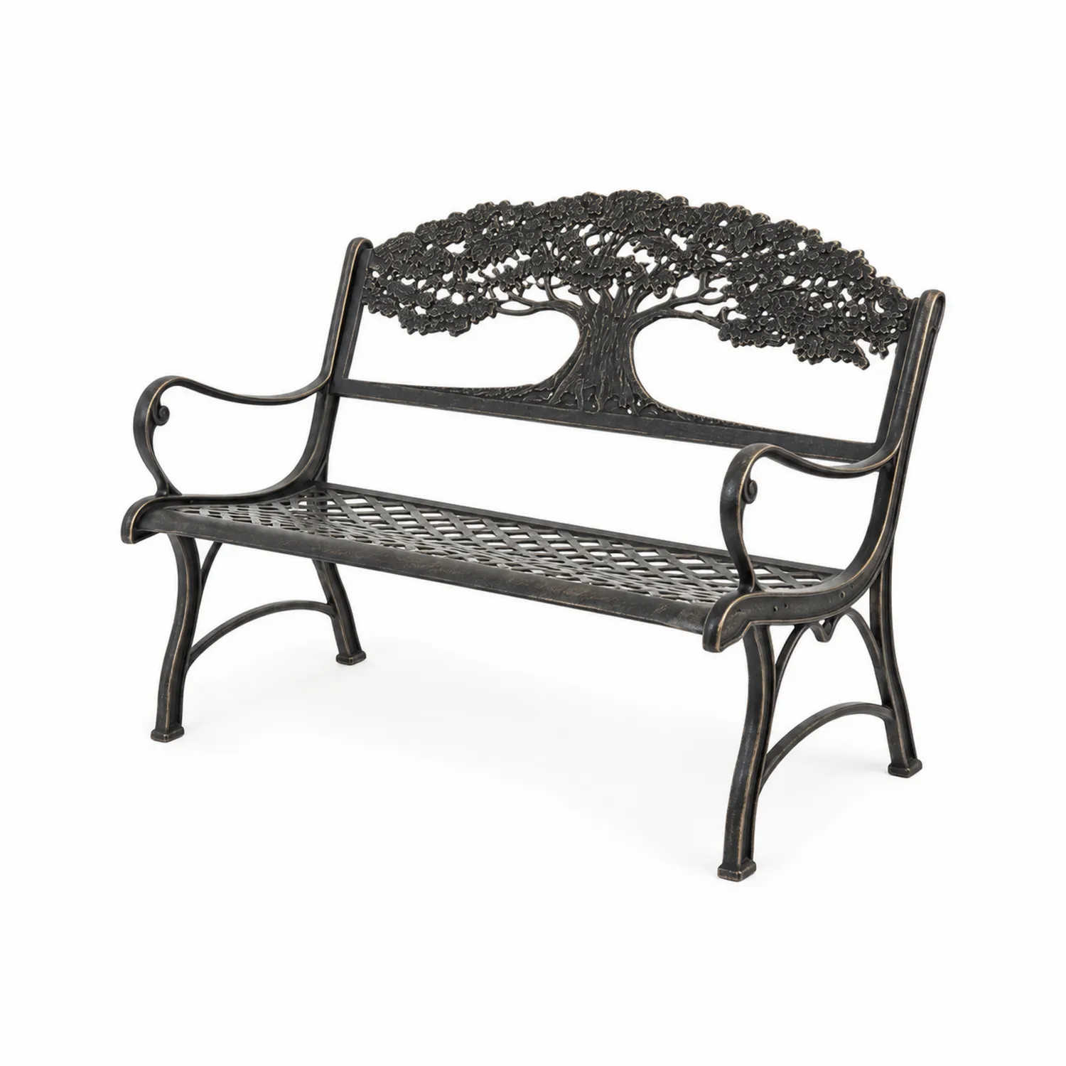 Panchina da esterno in ghisa con decorazione albero, 120x54x74 cm, Nero