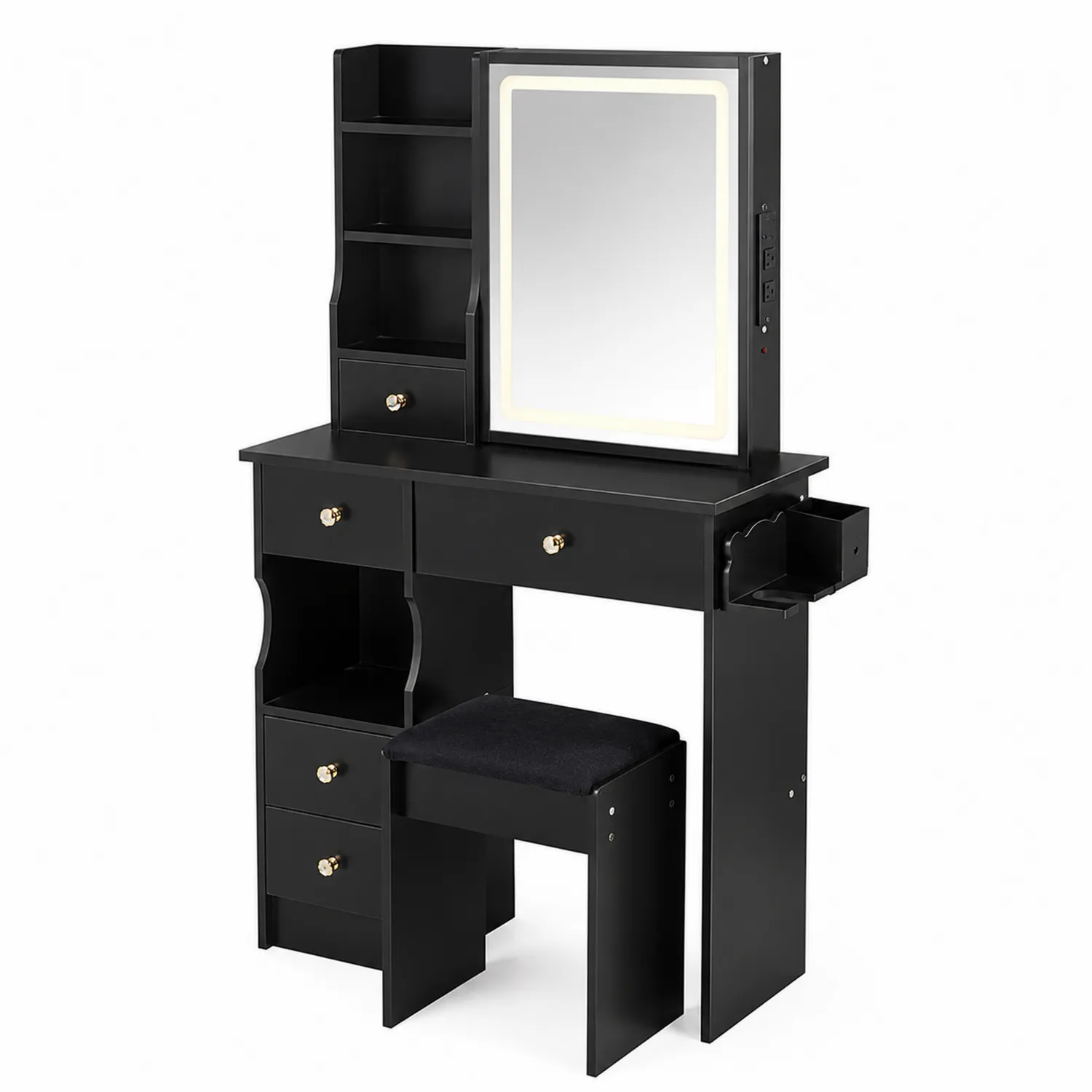 Tavolo Toeletta Nero in Legno Composito con Specchio LED e Sgabello