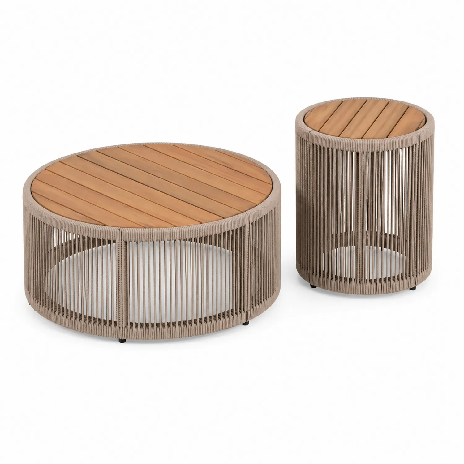 Set di tavolini rotondi in legno e corda, grande Ø80 cm + piccolo Ø40 cm