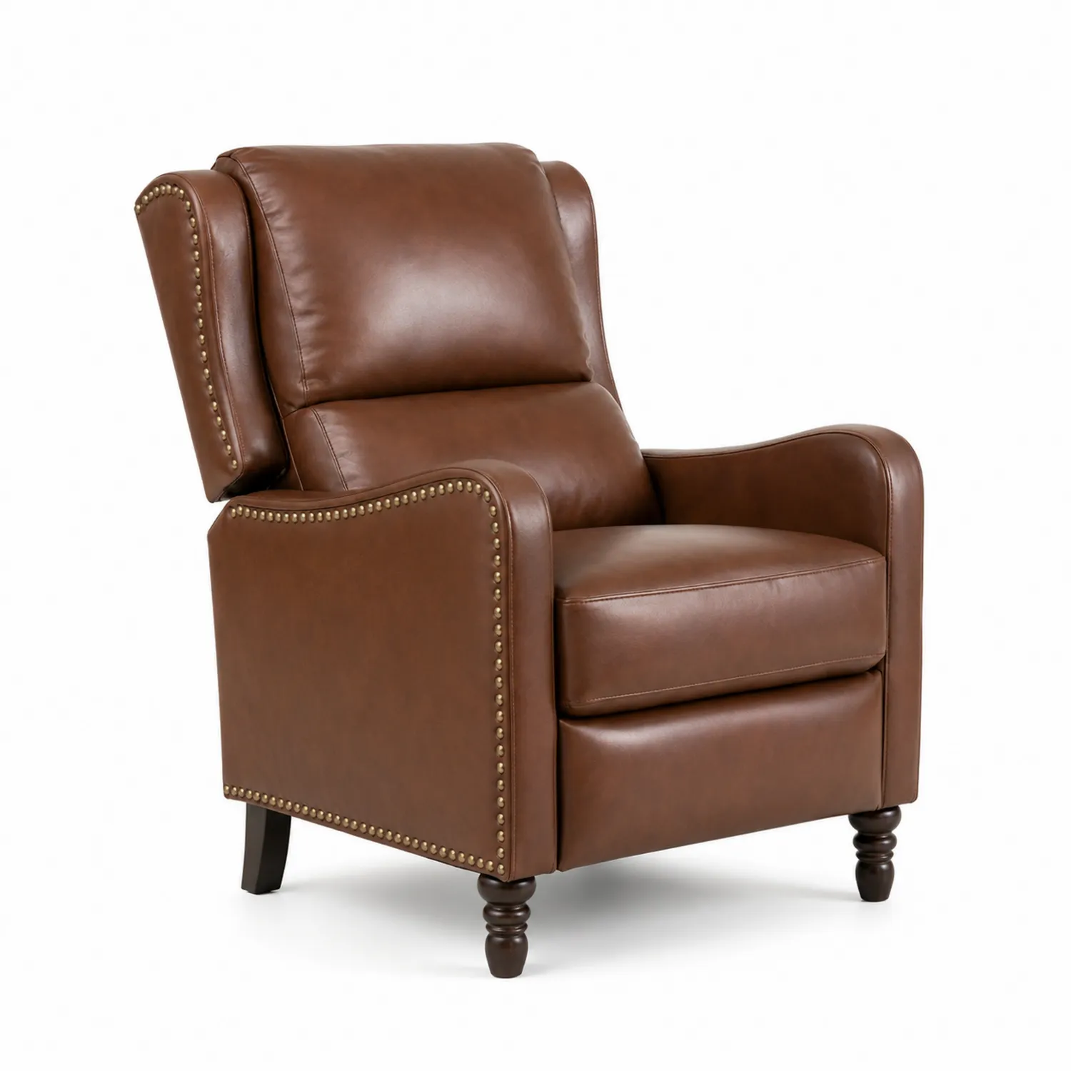 Poltrona reclinabile in pelle sintetica marrone con gambe tornite