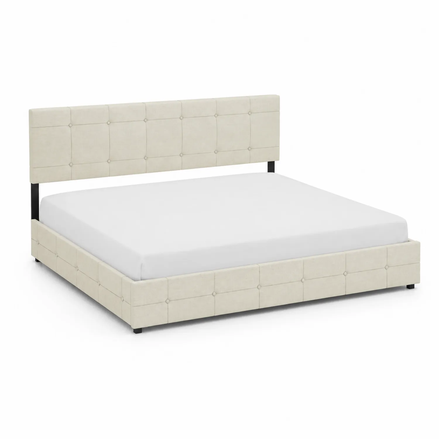 Letto matrimoniale imbottito in legno e tessuto beige 200x160 cm
