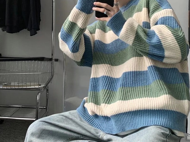 Thick Striped Sweater Men's Loose Round Neck Sweater