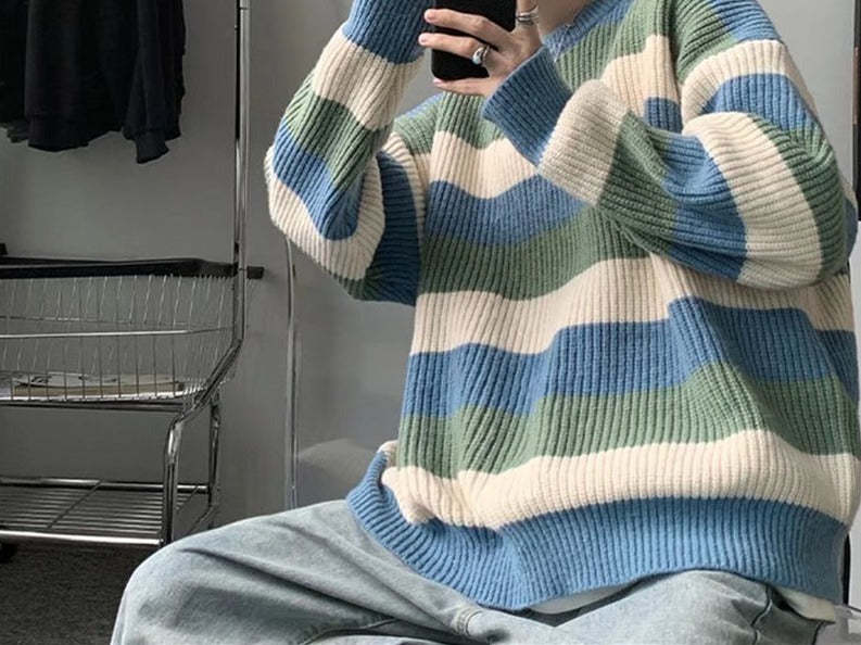 Thick Striped Sweater Men's Loose Round Neck Sweater