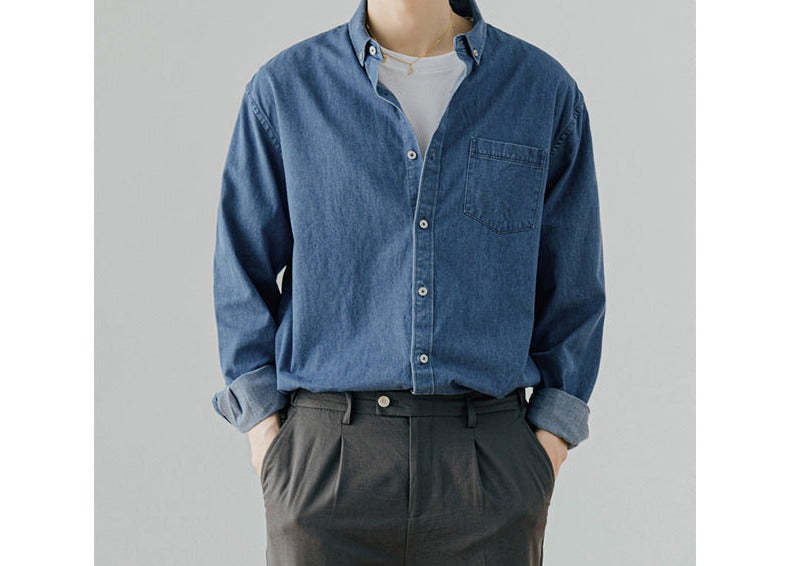 Men's Denim Long-sleeved Shirt Trendy Casual Solid Color Work Clothes Shirt Coat